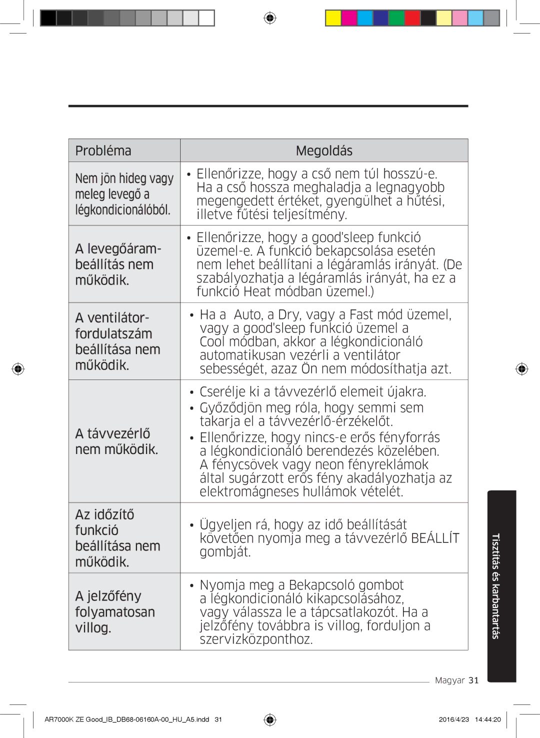 Samsung AR09KSWNAWKNET, AR12KSWNAWKNET, AR09KSWSBWKNZE, AR12KSWSBWKNZE manual Tisztítás és karbantartás 