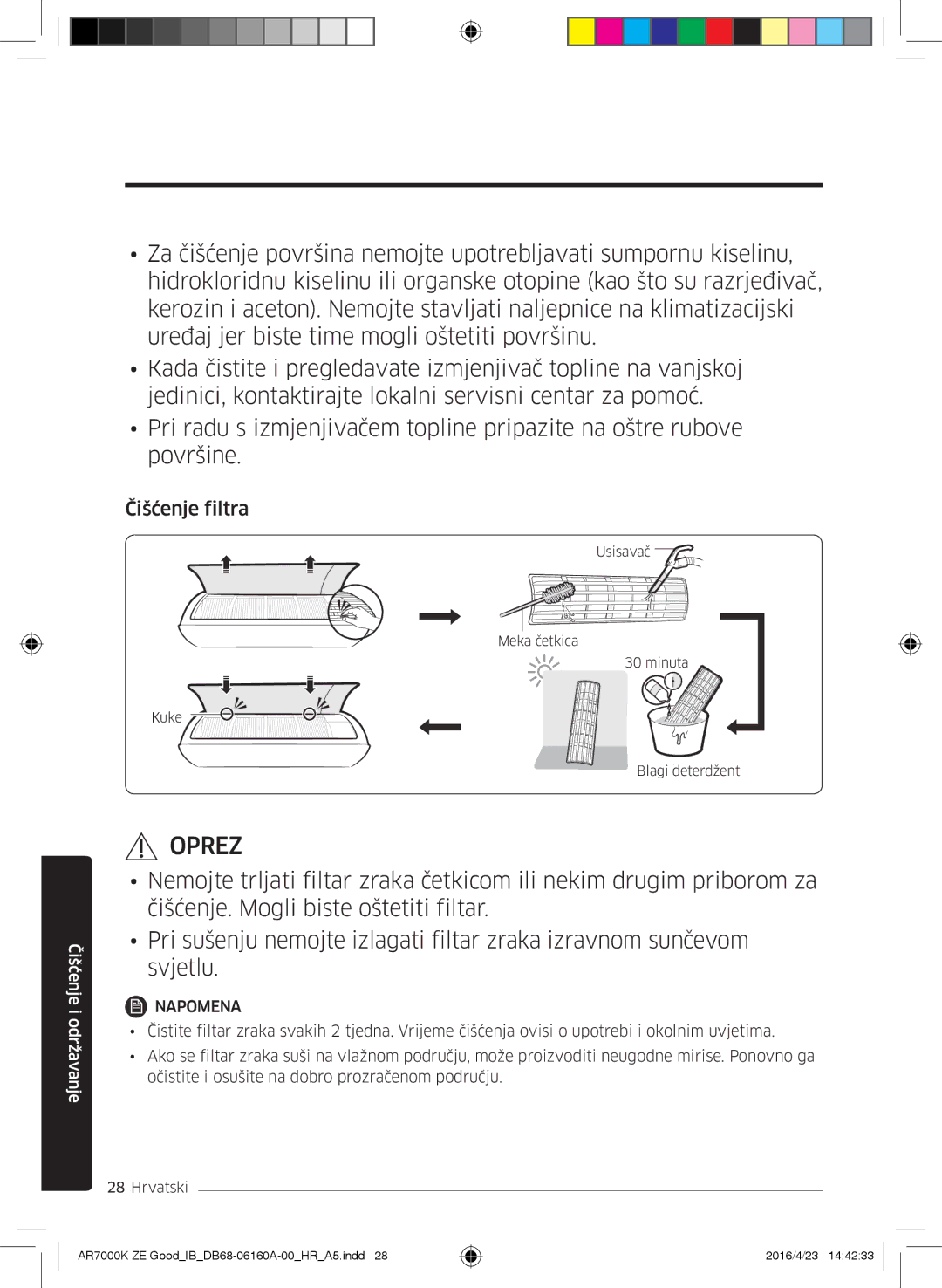 Samsung AR12KSWNAWKNET, AR09KSWNAWKNET, AR09KSWSBWKNZE, AR12KSWSBWKNZE manual Čišćenje filtra 