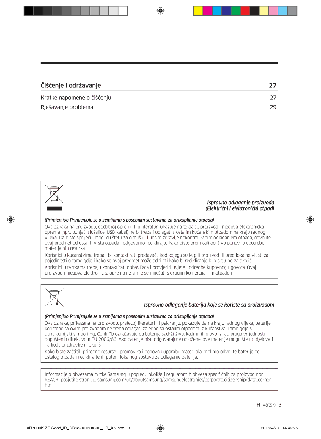 Samsung AR09KSWNAWKNET, AR12KSWNAWKNET, AR09KSWSBWKNZE, AR12KSWSBWKNZE manual Čišćenje i održavanje 