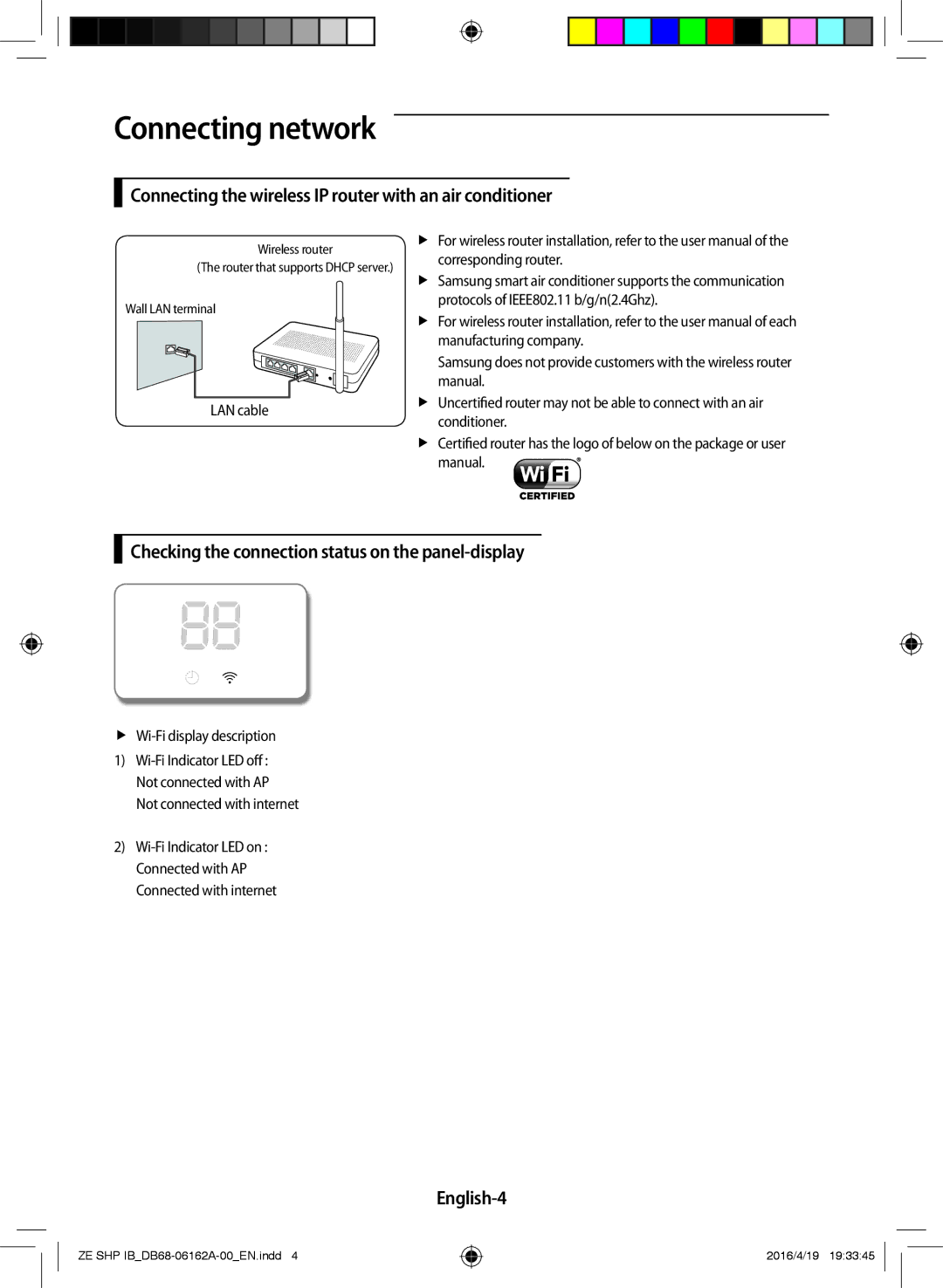 Samsung AR09KSWSBWKNZE manual Connecting network, Connecting the wireless IP router with an air conditioner, English-4 
