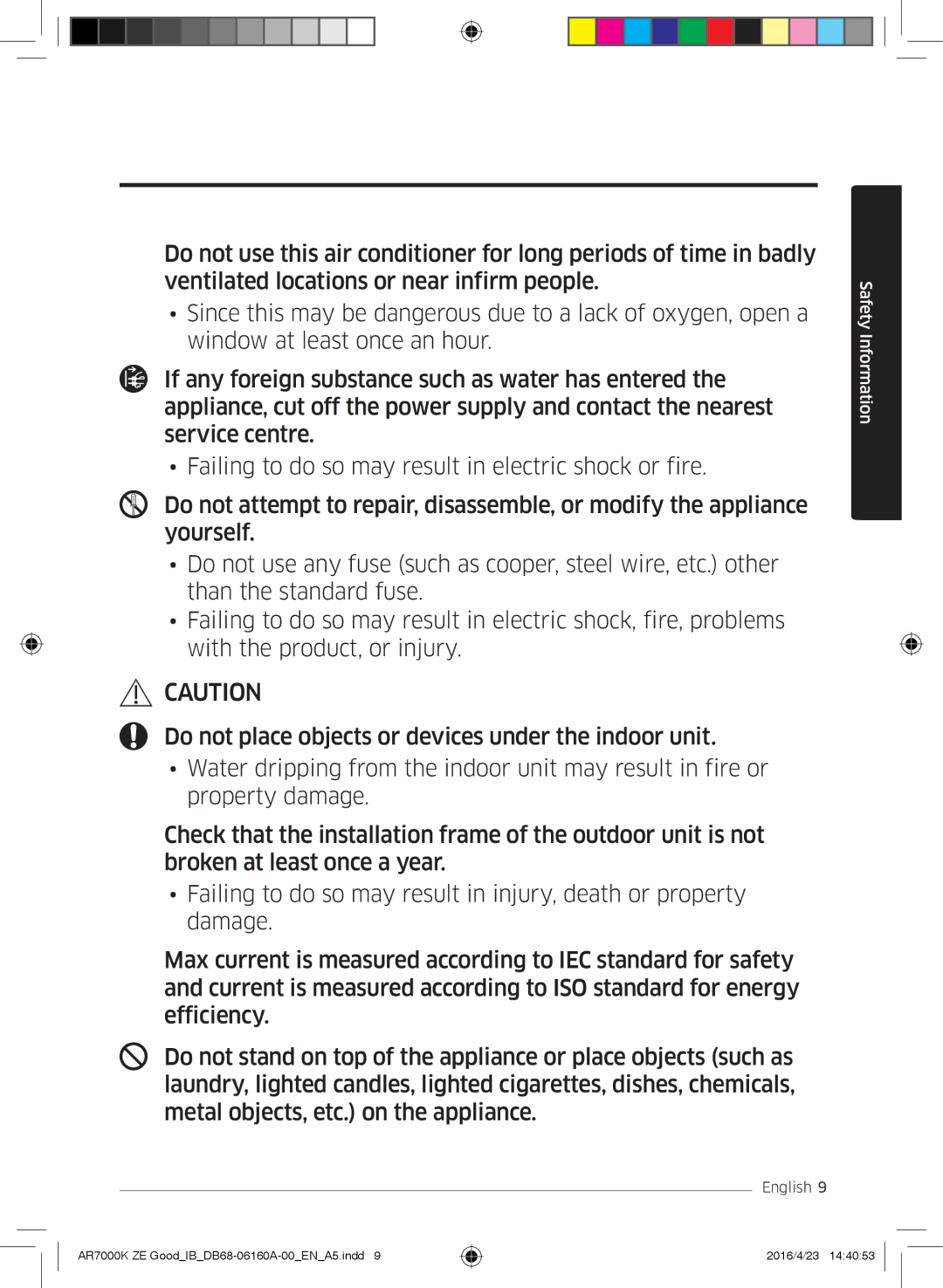 Samsung AR09KSWSBWKNZE, AR09KSWNAWKNET, AR12KSWNAWKNET, AR12KSWSBWKNET, AR09KSWSBWKNET, AR12KSWSBWKNZE manual Safety Information 