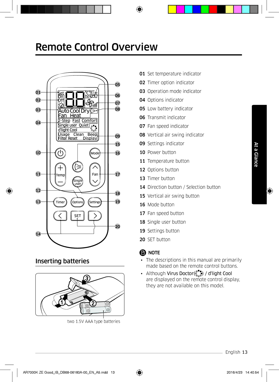 Samsung AR12KSWSBWKNET, AR09KSWNAWKNET, AR12KSWNAWKNET, AR09KSWSBWKNET manual Remote Control Overview, Inserting batteries 