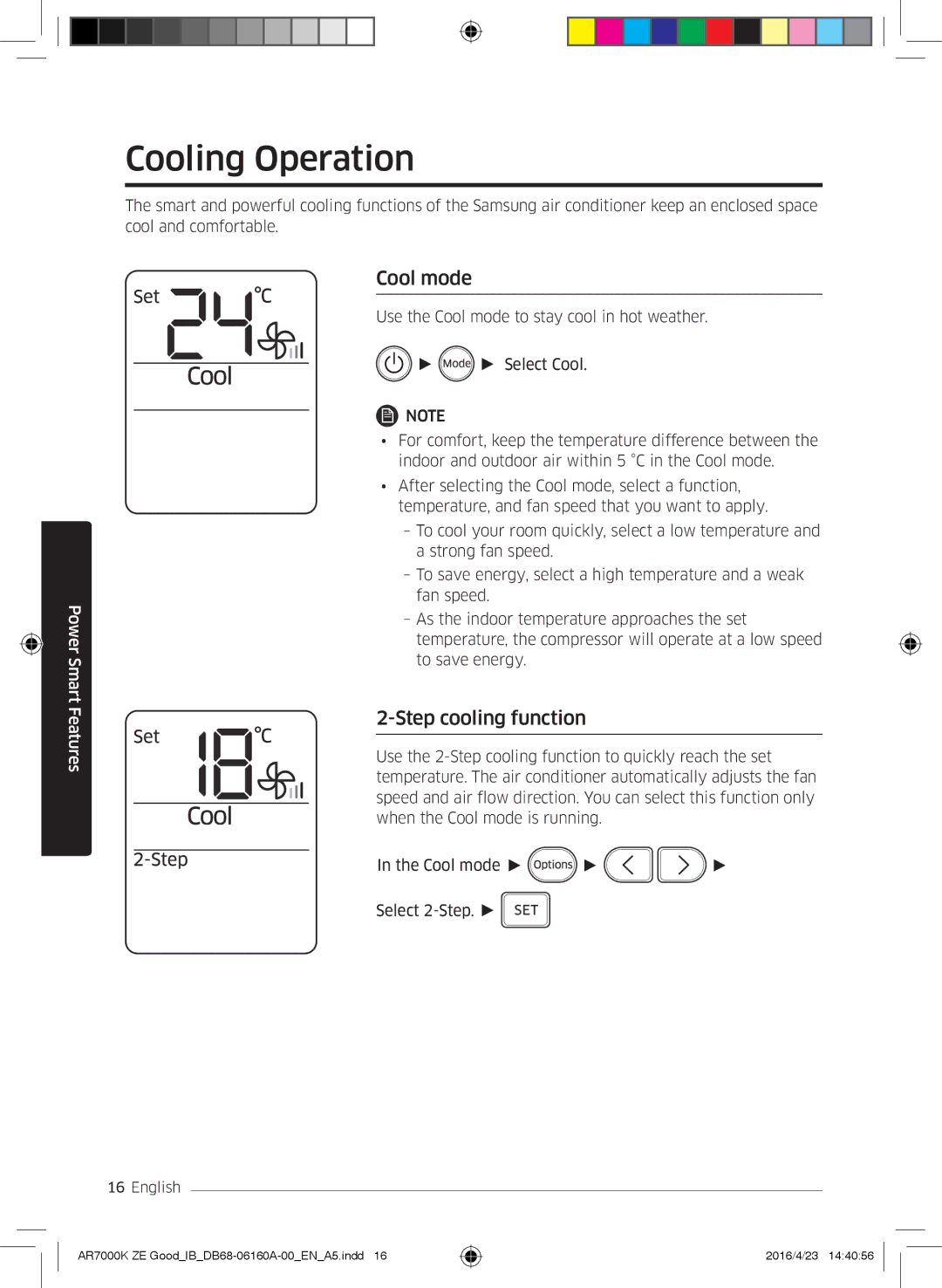 Samsung AR12KSWSBWKNZE, AR09KSWNAWKNET, AR12KSWNAWKNET, AR12KSWSBWKNET Cooling Operation, Cool mode, Step cooling function 