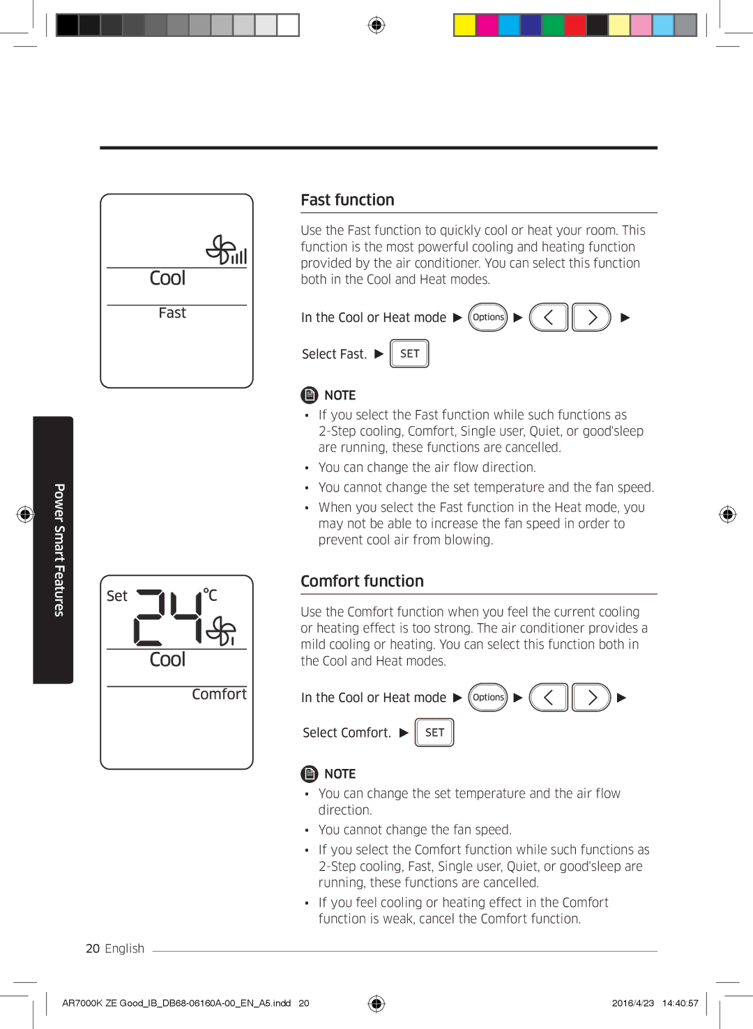 Samsung AR09KSWSBWKNET, AR09KSWNAWKNET, AR12KSWNAWKNET, AR12KSWSBWKNET, AR09KSWSBWKNZE manual Fast function, Comfort function 