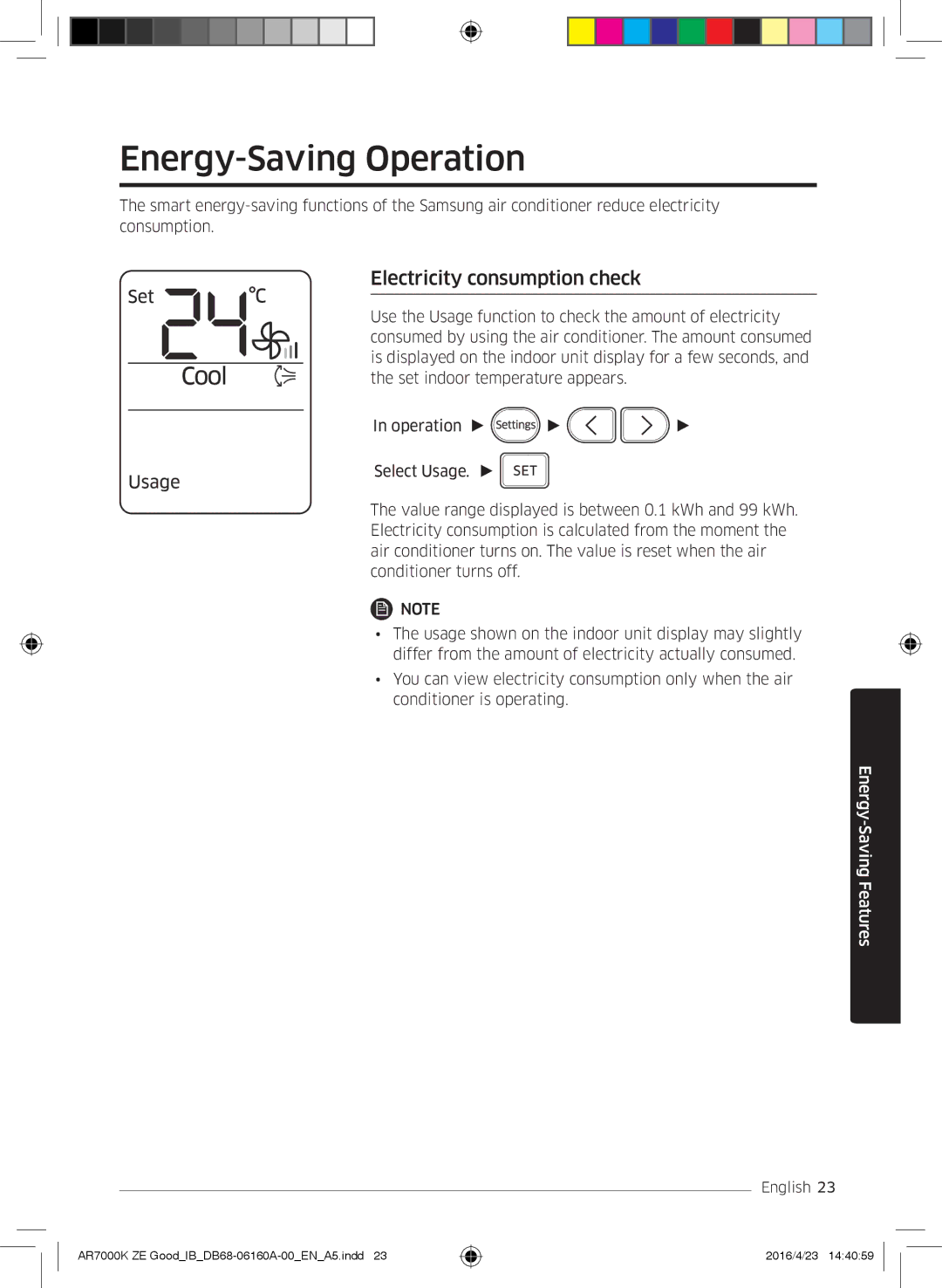 Samsung AR09KSWNAWKNET, AR12KSWNAWKNET, AR12KSWSBWKNET manual Energy-Saving Operation, Electricity consumption check 