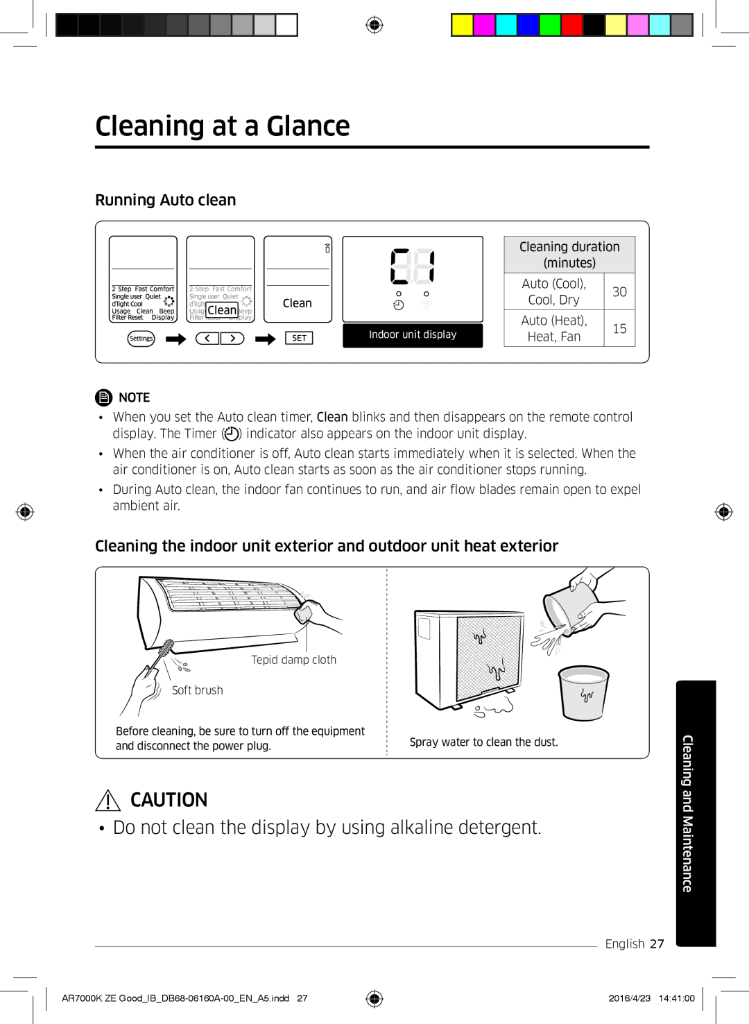 Samsung AR09KSWSBWKNZE, AR09KSWNAWKNET, AR12KSWNAWKNET, AR12KSWSBWKNET manual Cleaning at a Glance, Running Auto clean 