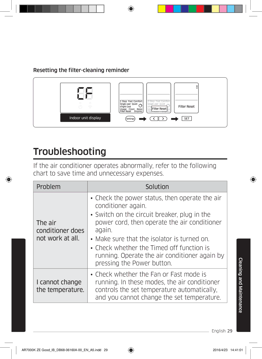 Samsung AR09KSWNAWKNET, AR12KSWNAWKNET, AR12KSWSBWKNET manual Troubleshooting, Resetting the filter-cleaning reminder 