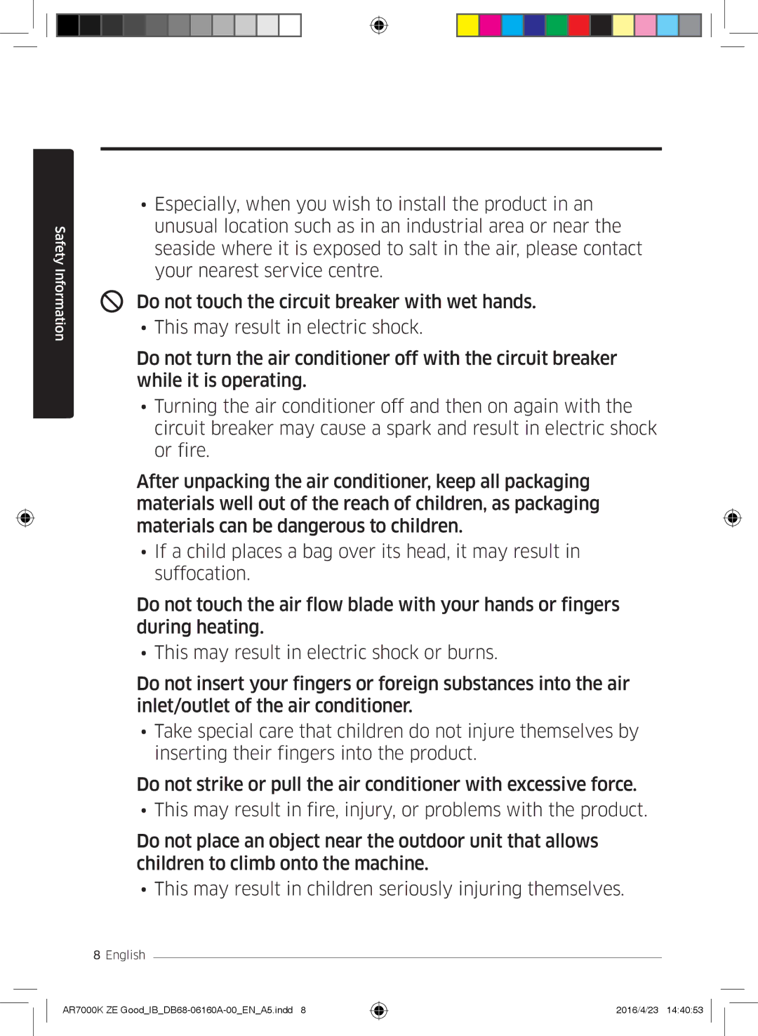 Samsung AR09KSWSBWKNET, AR09KSWNAWKNET, AR12KSWNAWKNET, AR12KSWSBWKNET, AR09KSWSBWKNZE, AR12KSWSBWKNZE manual Safety Information 