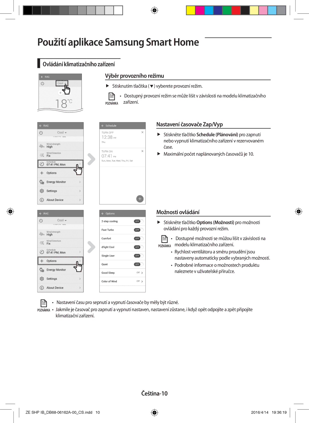 Samsung AR09KSWSBWKNZE Ovládání klimatizačního zařízení Výběr provozního režimu, Nastavení časovače Zap/Vyp, Čeština-10 