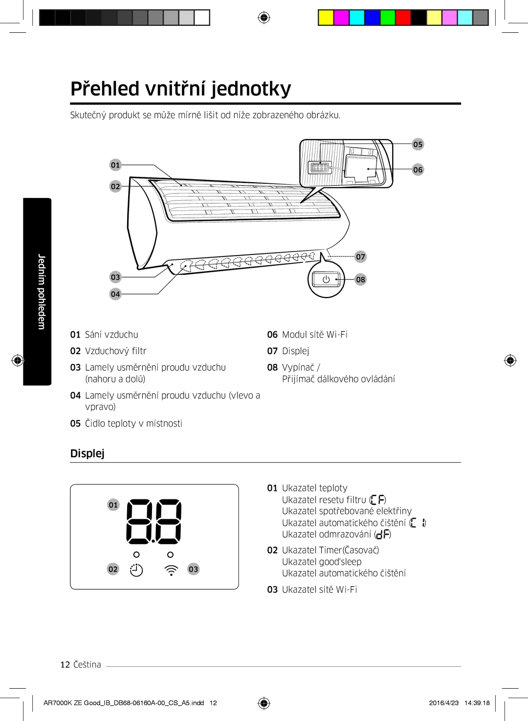 Samsung AR12KSWNAWKNET, AR09KSWNAWKNET, AR12KSWSBWKNET, AR09KSWSBWKNET, AR09KSWSBWKNZE manual Přehled vnitřní jednotky, Displej 