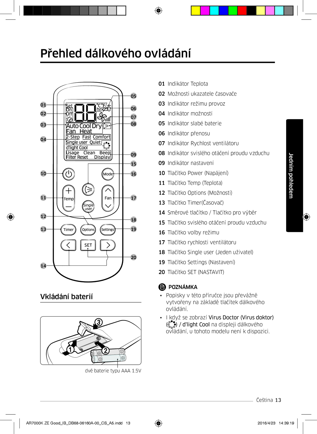 Samsung AR12KSWSBWKNET, AR09KSWNAWKNET, AR12KSWNAWKNET, AR09KSWSBWKNET manual Přehled dálkového ovládání, Vkládání baterií 