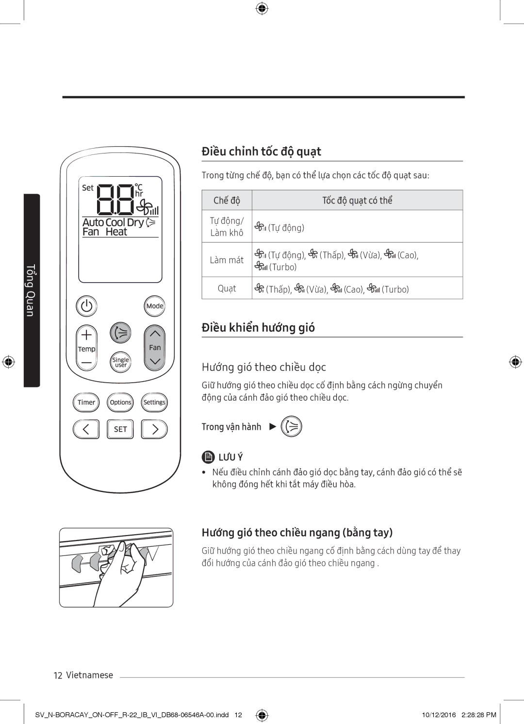 Samsung AR24MCFHAWKNSV, AR09MCFTBURNSV, AR09MCFHAWKNSV manual Điều chỉnh tốc độ quạt, Điều khiển hướng gió, Trong vận hành 