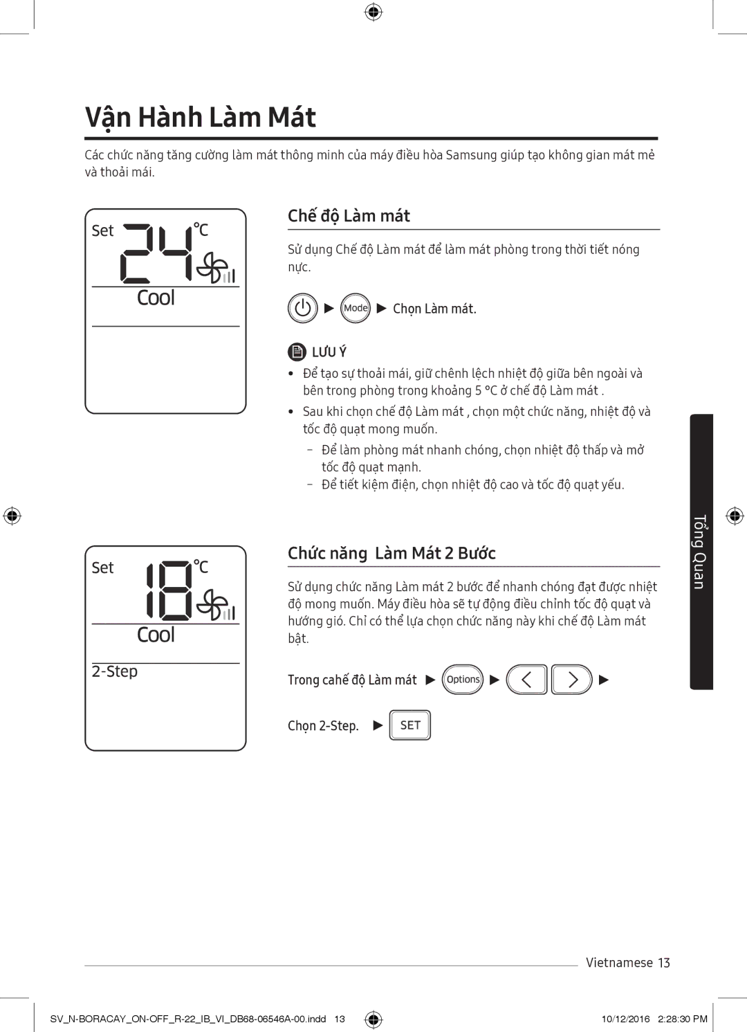 Samsung AR09MCFHAWKNSV, AR09MCFTBURNSV manual Vận Hành Làm Mát, Chế độ Làm mát, Chức năng Làm Mát 2 Bước, Chọn Làm mát 