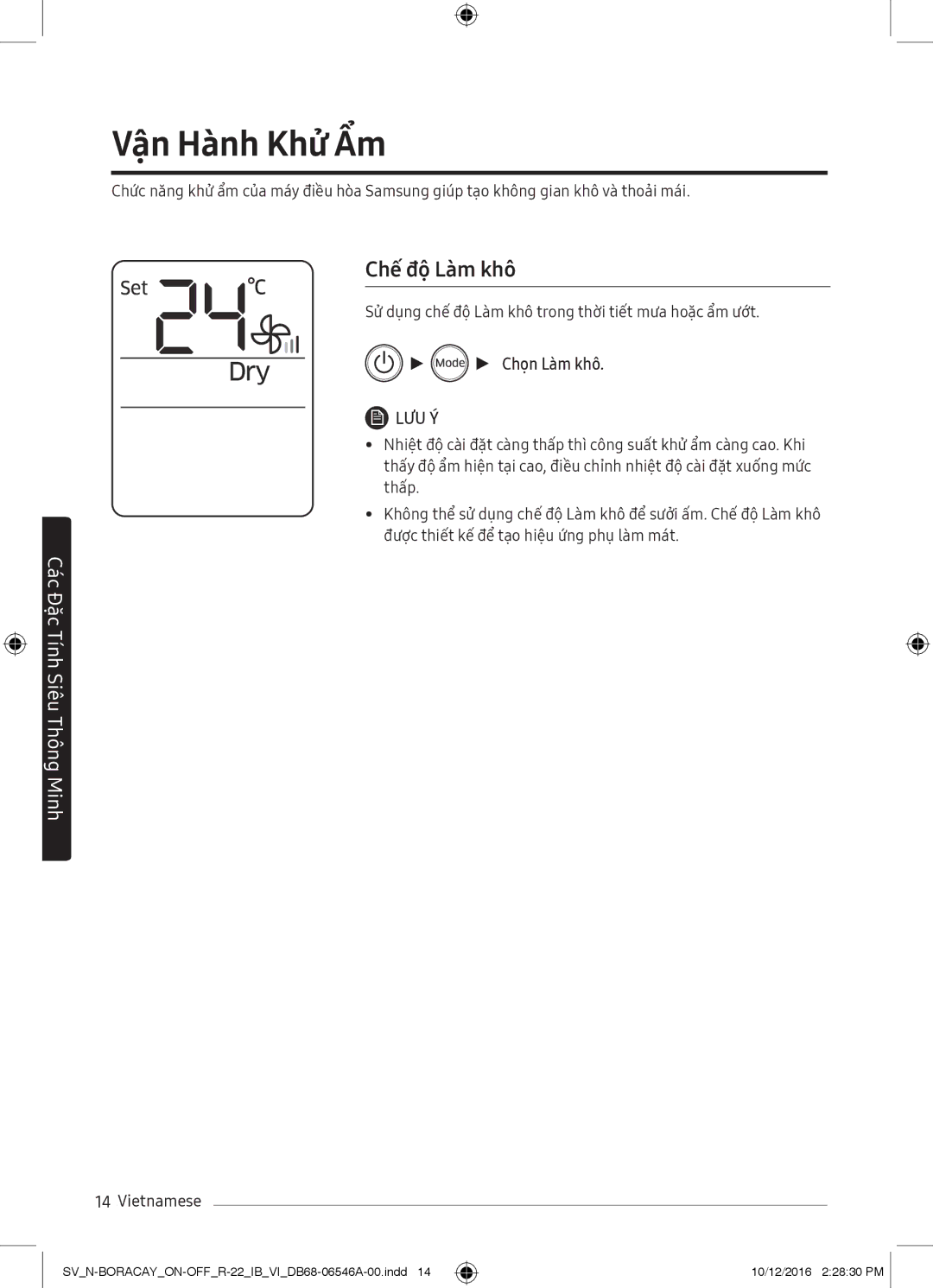 Samsung AR12MCFHAWKNSV, AR09MCFTBURNSV, AR24MCFHAWKNSV, AR09MCFHAWKNSV manual Vận Hành Khử Ẩm, Chế độ Làm khô, Chọn Làm khô 