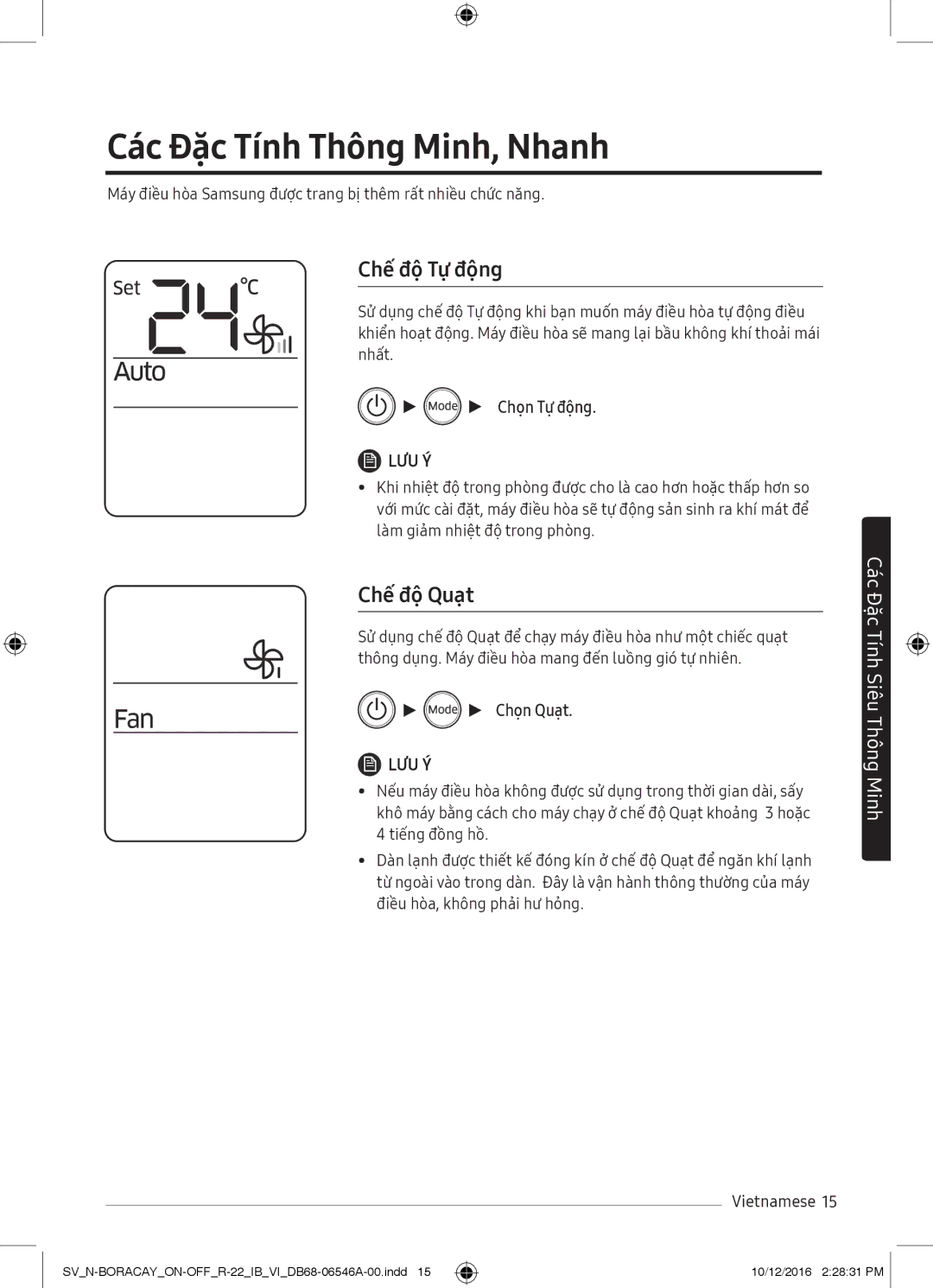 Samsung AR12MCFTBURNSV manual Các Đặc Tính Thông Minh, Nhanh, Chế độ Tự động, Chế độ Quạt, Chọn Tự động, Chọn Quạt 