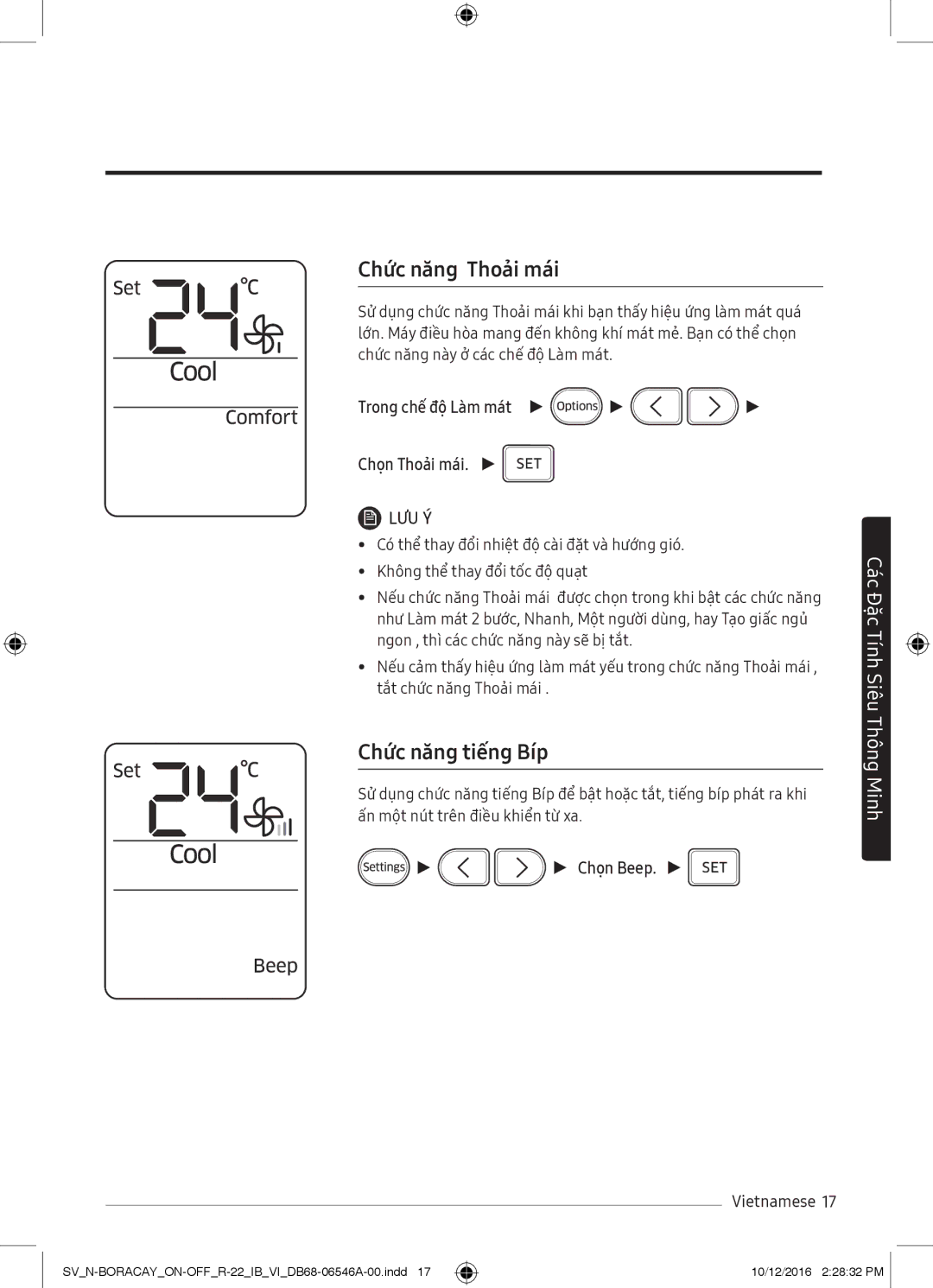 Samsung AR09MCFTBURNSV manual Chức năng Thoải mái, Chức năng tiếng Bíp, Trong chế độ Làm mát Chọn Thoải mái, Chọn Beep 