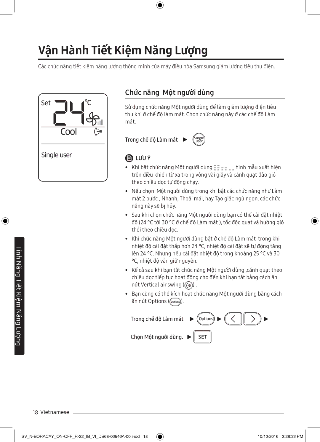 Samsung AR24MCFHAWKNSV, AR09MCFTBURNSV manual Vận Hành Tiết Kiệm Năng Lượng, Chức năng Một người dùng, Trong chế độ Làm mát 