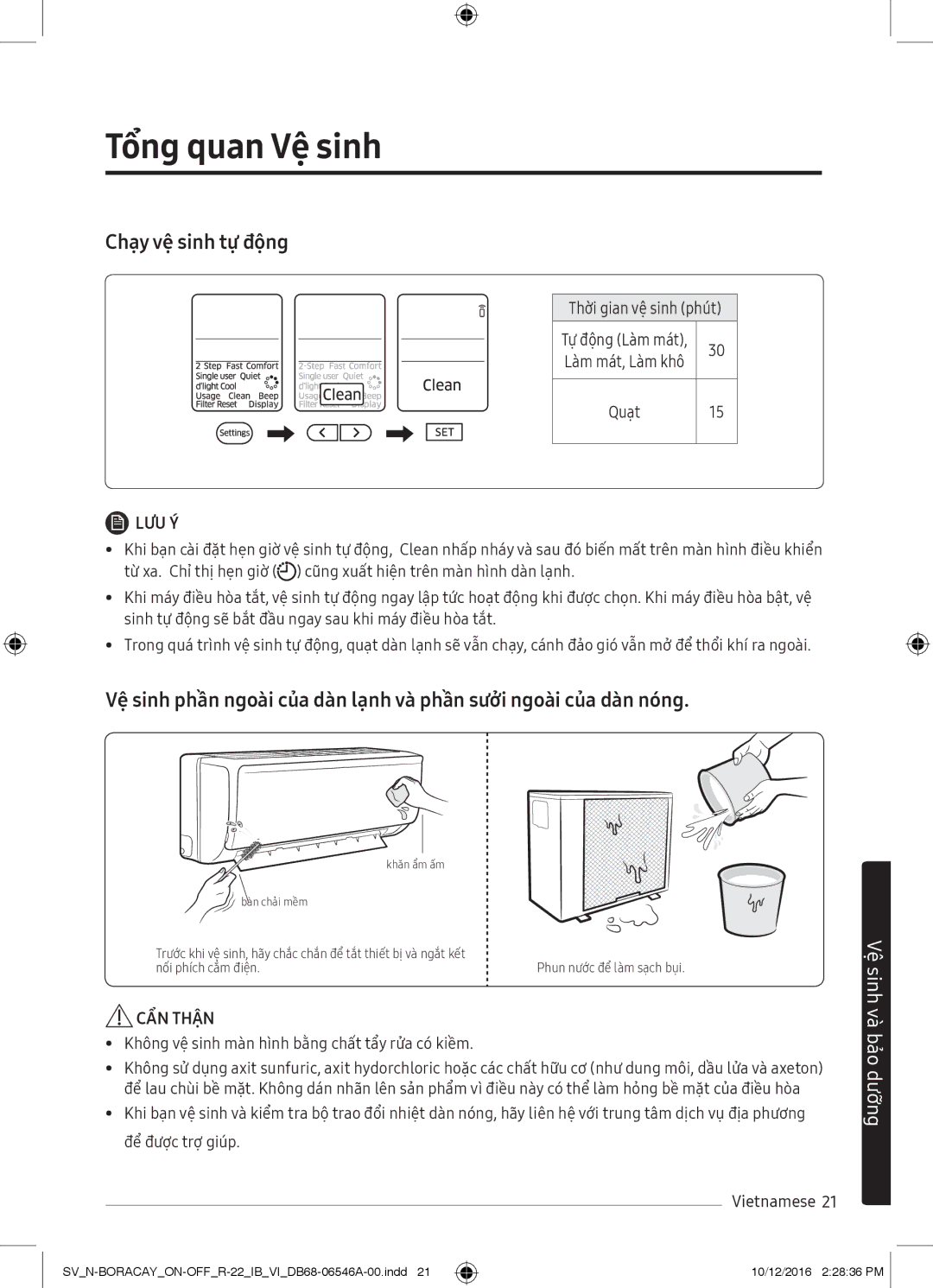 Samsung AR12MCFTBURNSV, AR09MCFTBURNSV, AR24MCFHAWKNSV, AR09MCFHAWKNSV manual Tổng quan Vệ sinh, Chạy vệ sinh tự động 