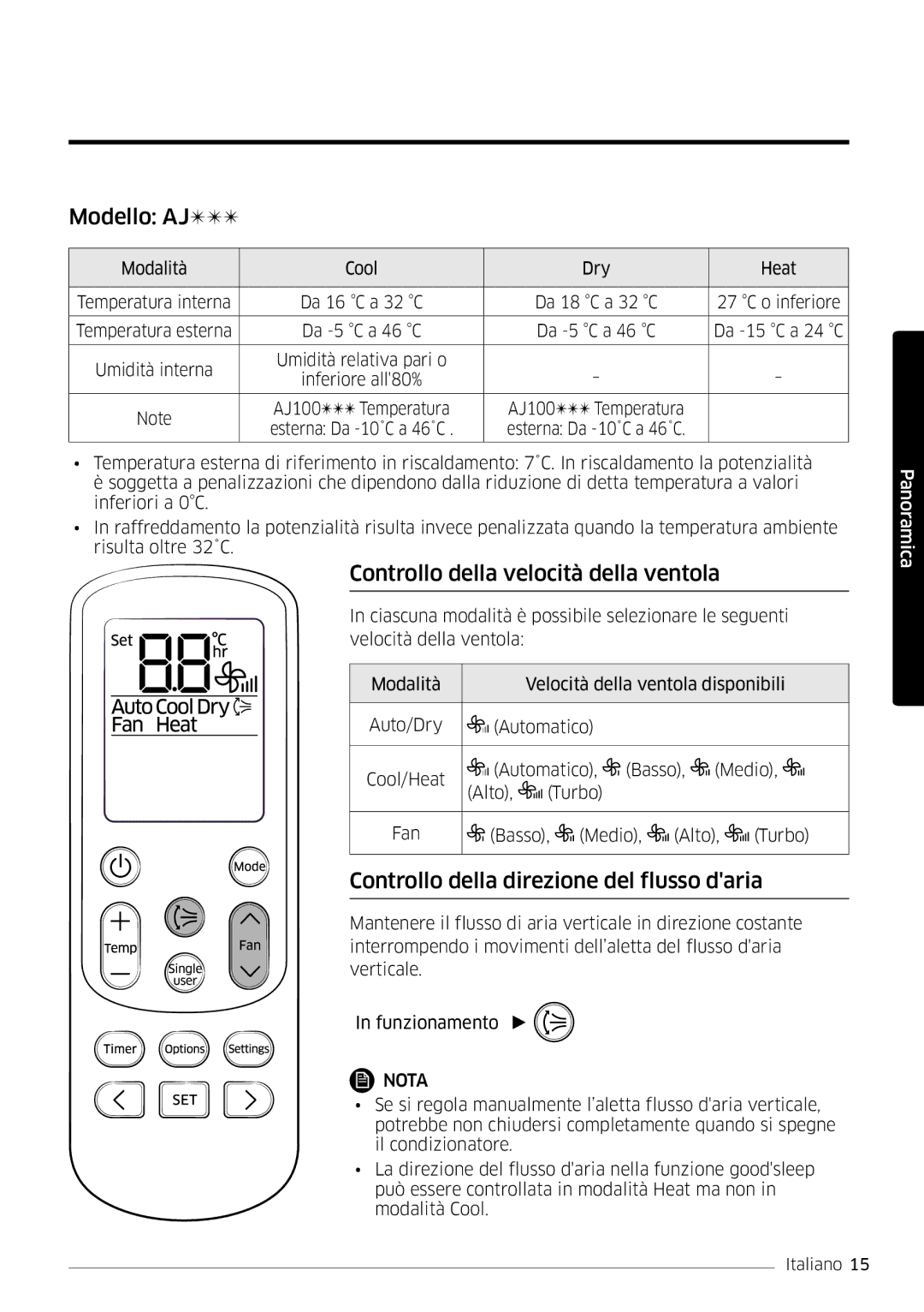 Samsung AR09MSFHBWKNET Modello AJ, Controllo della velocità della ventola, Controllo della direzione del flusso daria 