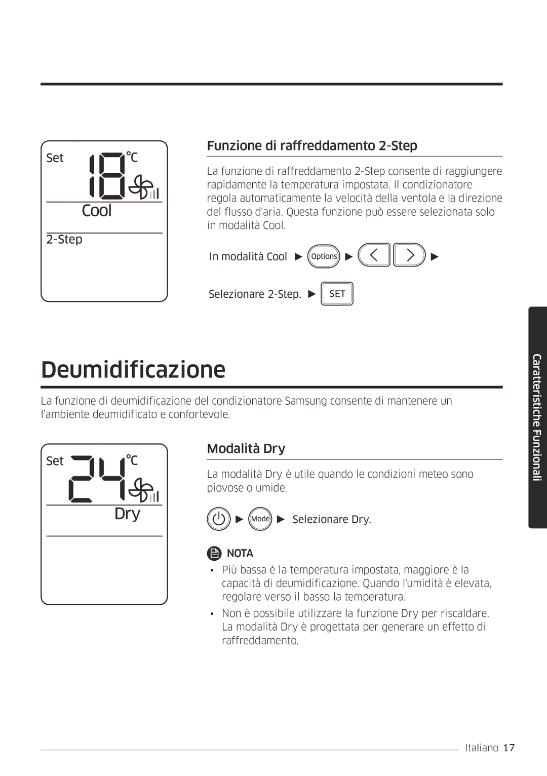 Samsung AR09MSFHBWKNET, AR12MSFHBWKNET manual Deumidificazione, Funzione di raffreddamento 2-Step, Modalità Dry 