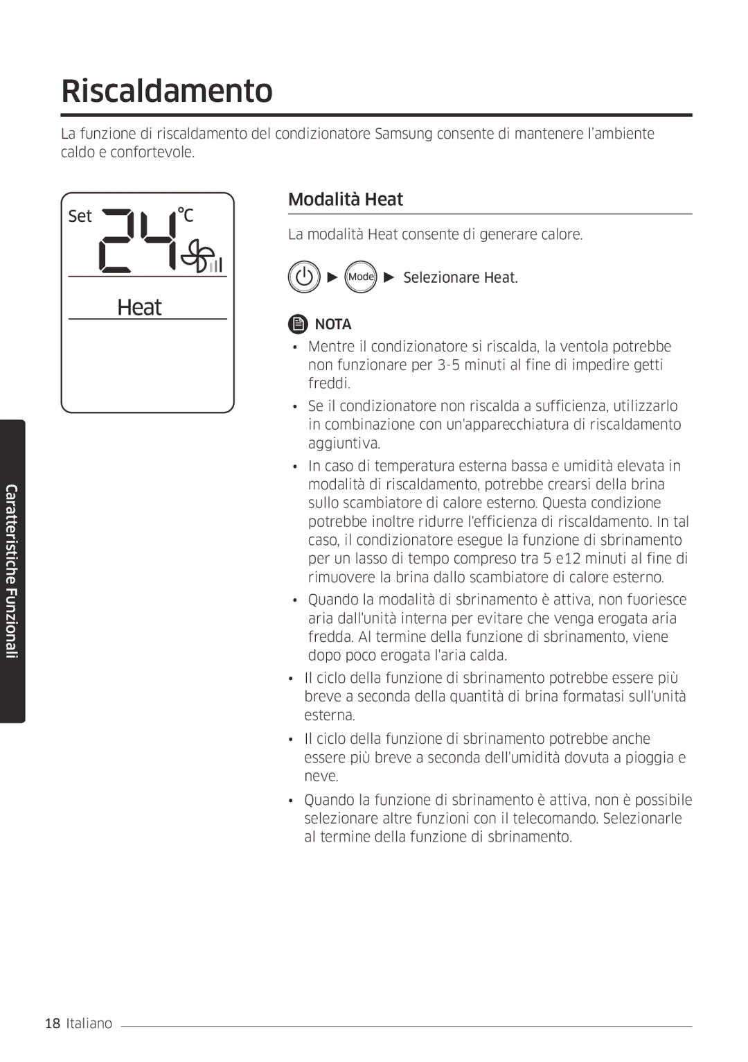 Samsung AR12MSFHBWKNET, AR09MSFHBWKNET manual Riscaldamento, Modalità Heat 