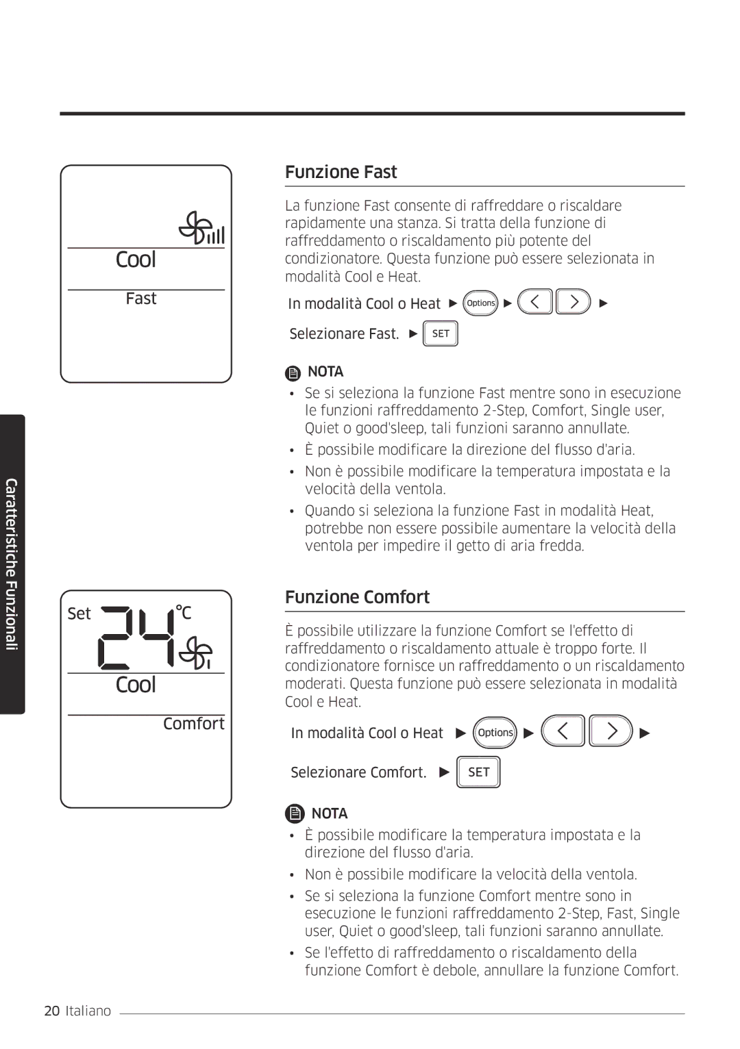 Samsung AR12MSFHBWKNET, AR09MSFHBWKNET manual Funzione Fast, Funzione Comfort 