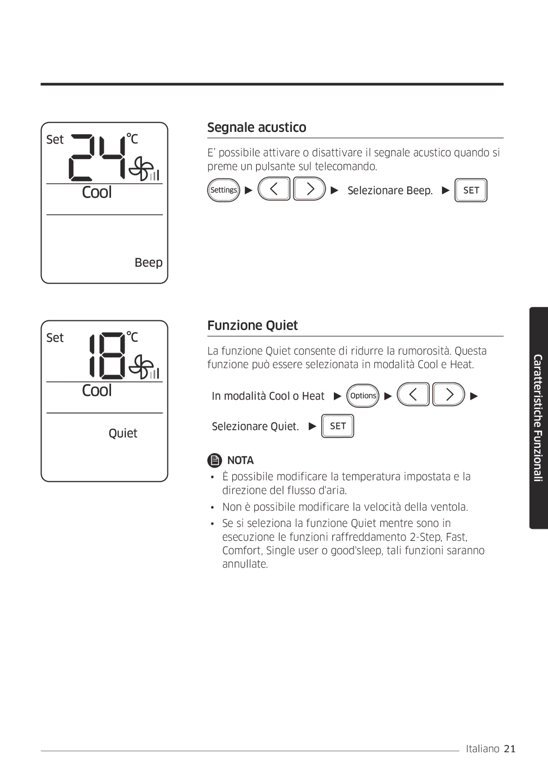 Samsung AR09MSFHBWKNET, AR12MSFHBWKNET manual Segnale acustico, Funzione Quiet 