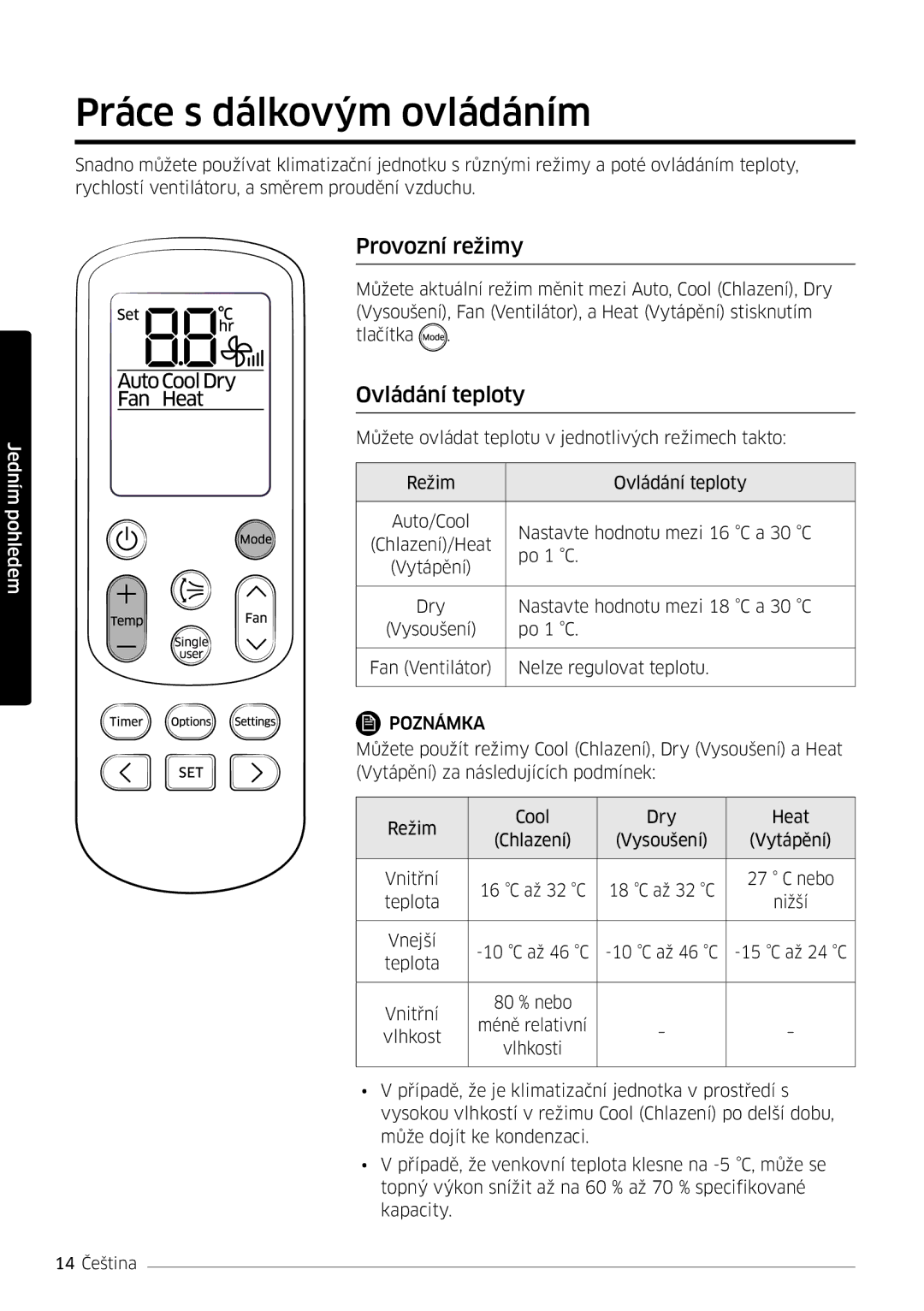 Samsung AR07MSFHBWKNEU, AR09MSFHBWKNEU, AR12MSFHBWKNEU manual Práce s dálkovým ovládáním, Provozní režimy, Ovládání teploty 