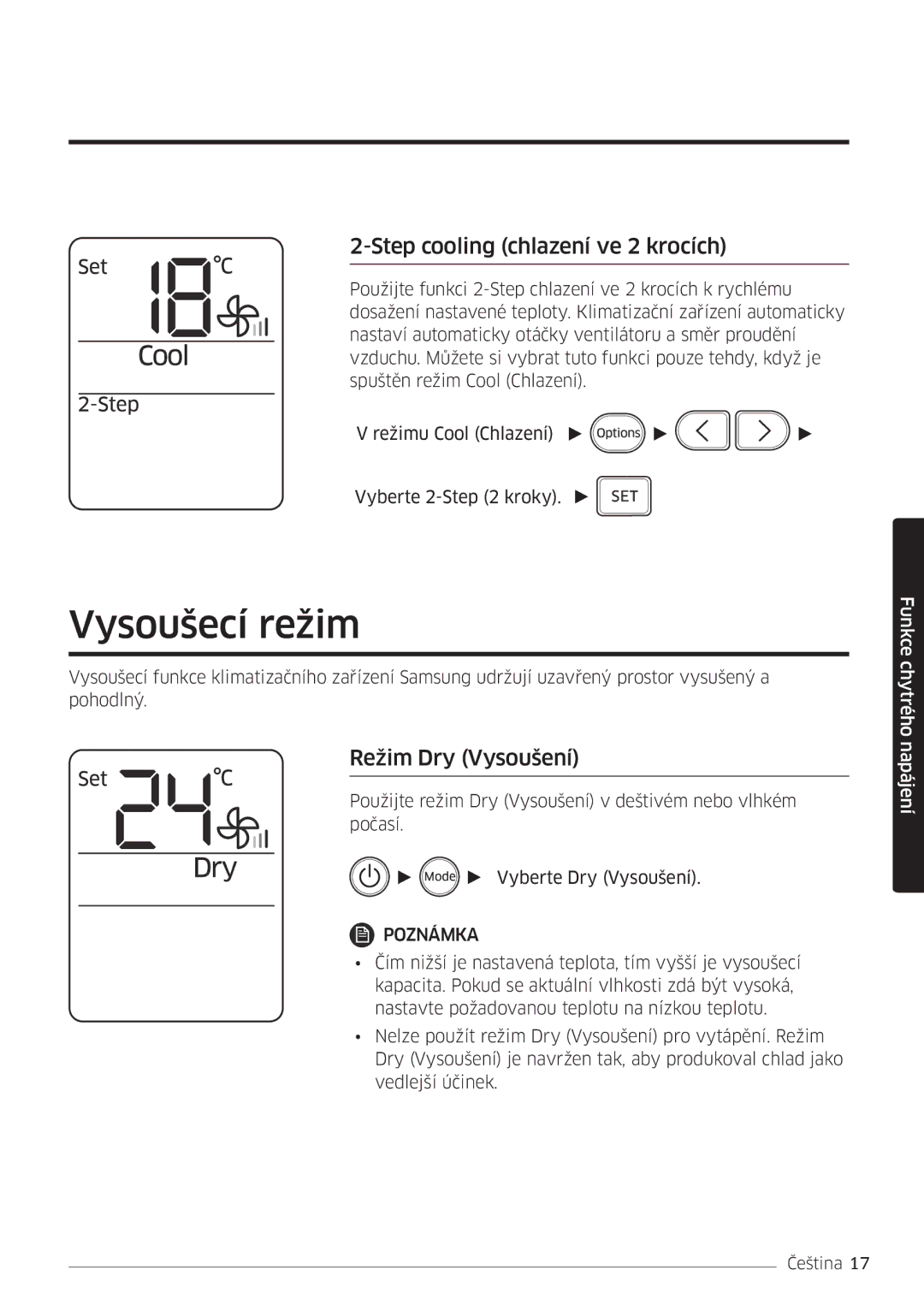 Samsung AR09MSFHBWKNEU, AR12MSFHBWKNEU manual Vysoušecí režim, Step cooling chlazení ve 2 krocích, Režim Dry Vysoušení 