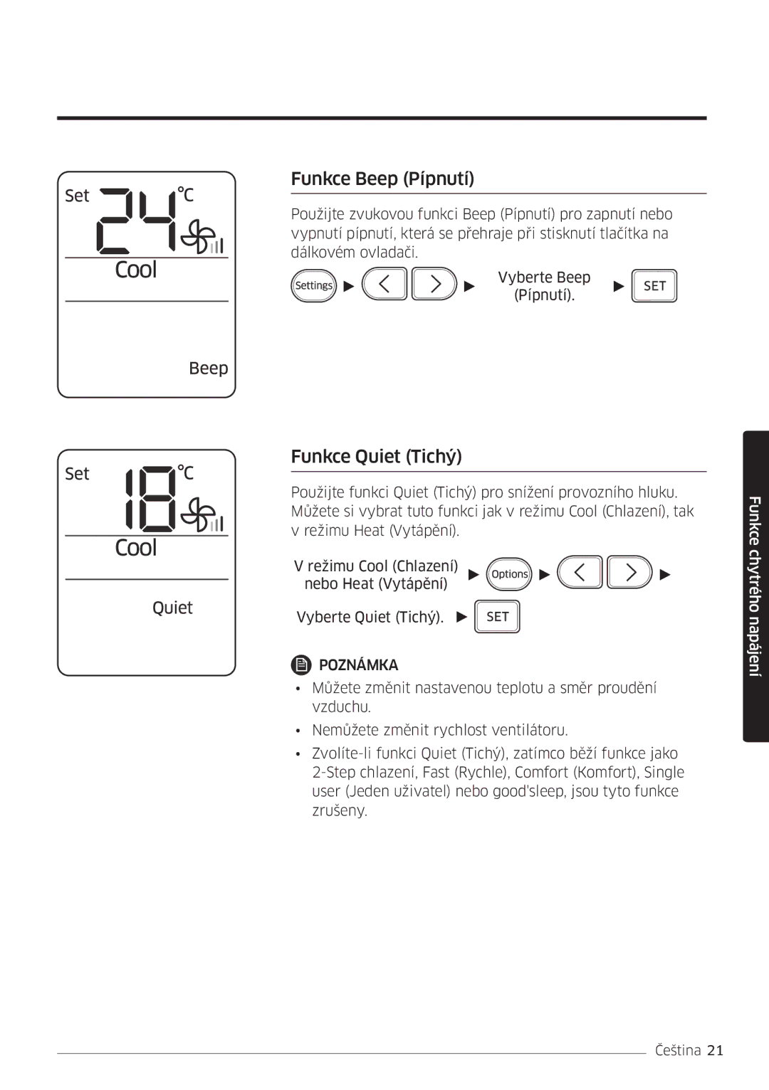 Samsung AR09MSFHBWKNET, AR09MSFHBWKNEU, AR12MSFHBWKNEU, AR18MSFHBWKNEU manual Funkce Beep Pípnutí, Funkce Quiet Tichý 