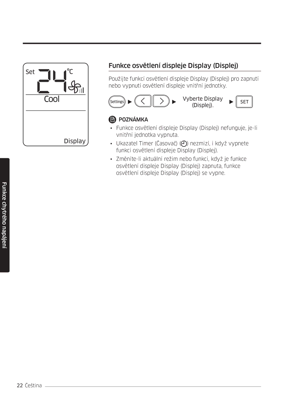 Samsung AR24MSFHBWKNEU, AR09MSFHBWKNEU, AR12MSFHBWKNEU, AR18MSFHBWKNEU manual Funkce osvětlení displeje Display Displej 