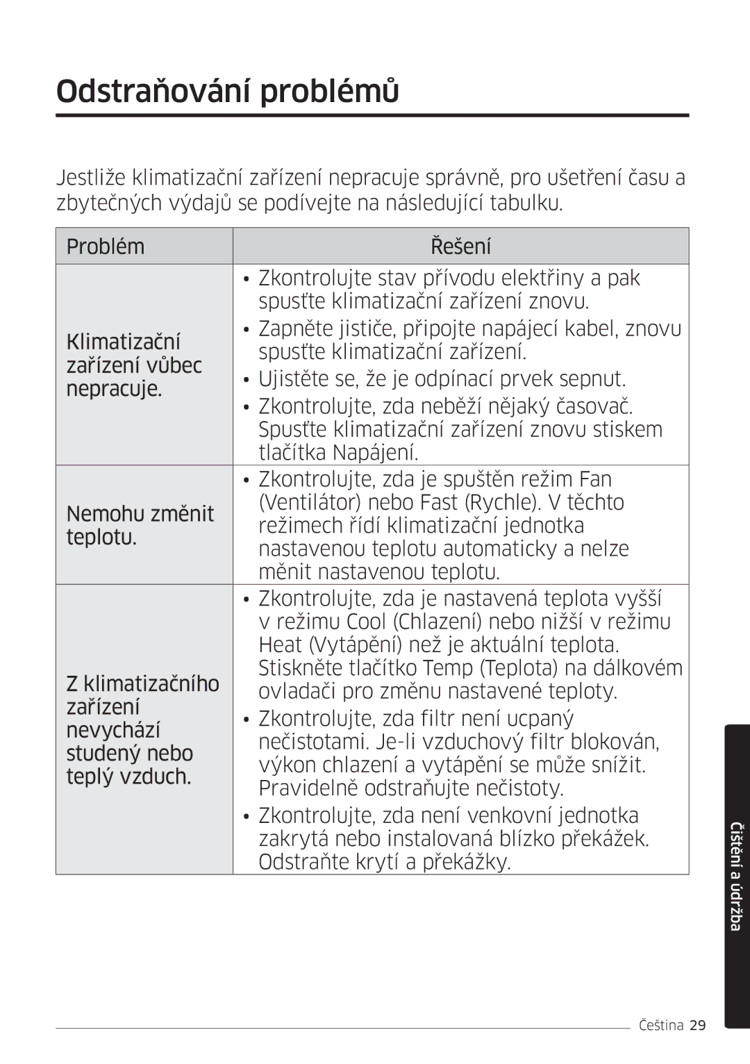 Samsung AR09MSFHBWKNEU, AR12MSFHBWKNEU, AR18MSFHBWKNEU, AR07MSFHBWKNEU, AR09MSFHBWKNET, AR24MSFHBWKNEU Odstraňování problémů 