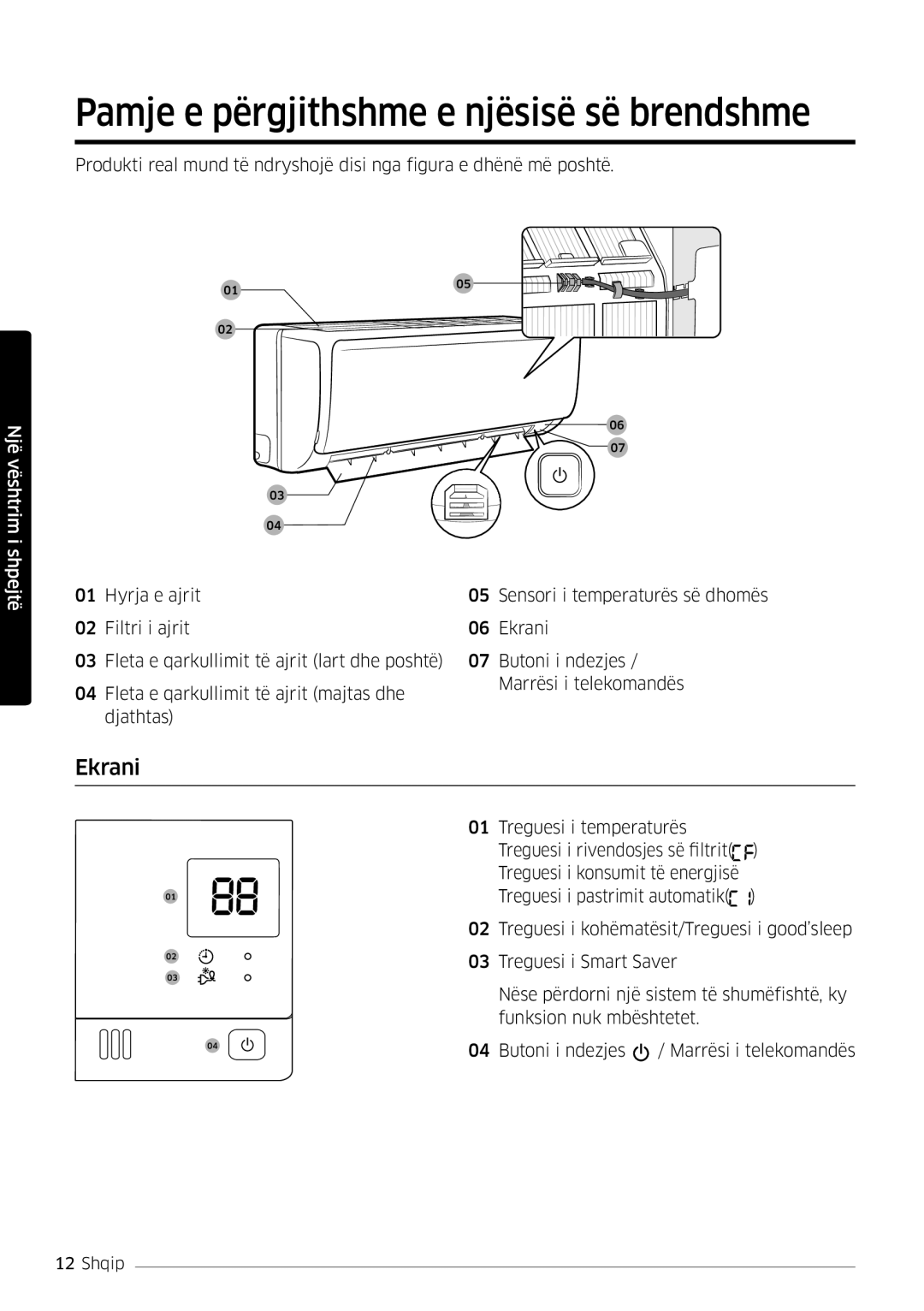 Samsung AR12MSFHBWKNEU, AR09MSFHBWKNEU, AR18MSFHBWKNEU manual Pamje e përgjithshme e njësisë së brendshme, Ekrani 