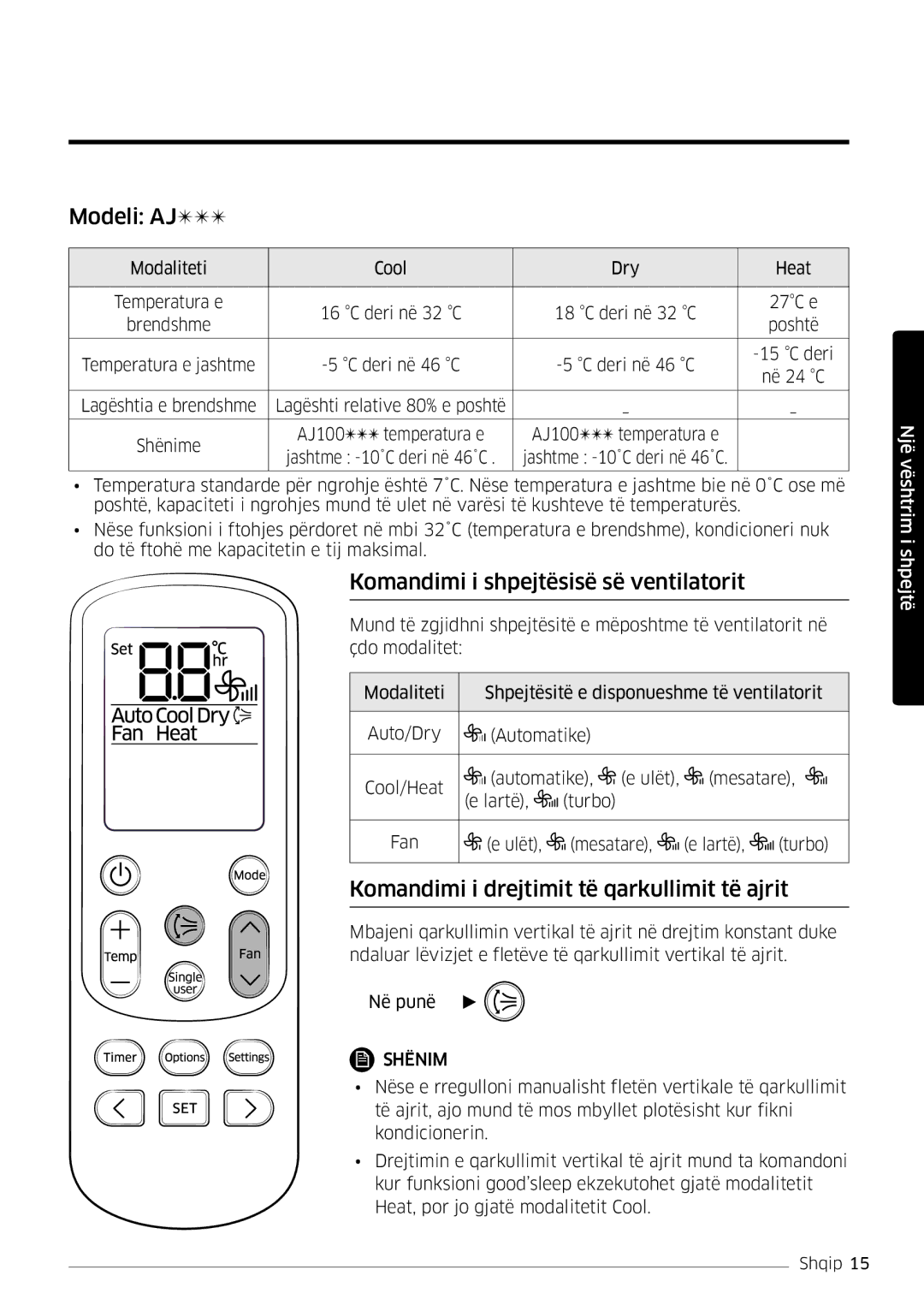 Samsung AR12MSFHBWKNEU, AR09MSFHBWKNEU, AR18MSFHBWKNEU manual Modeli AJ, Komandimi i shpejtësisë së ventilatorit 