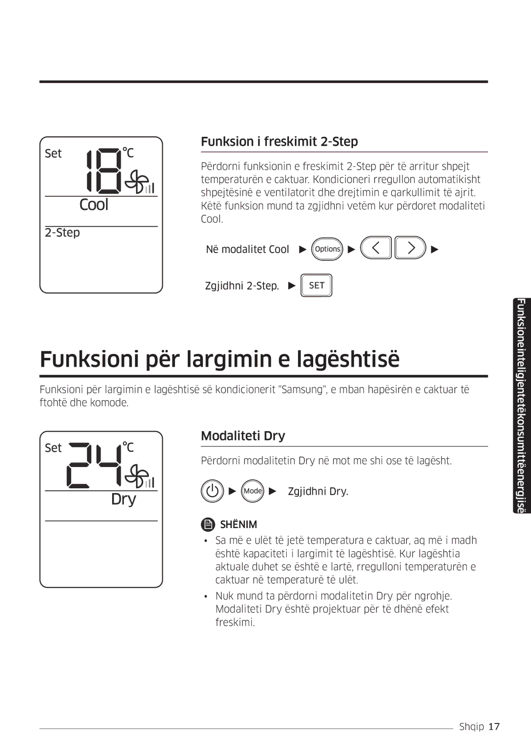 Samsung AR09MSFHBWKNEU, AR12MSFHBWKNEU Funksioni për largimin e lagështisë, Funksion i freskimit 2-Step, Modaliteti Dry 