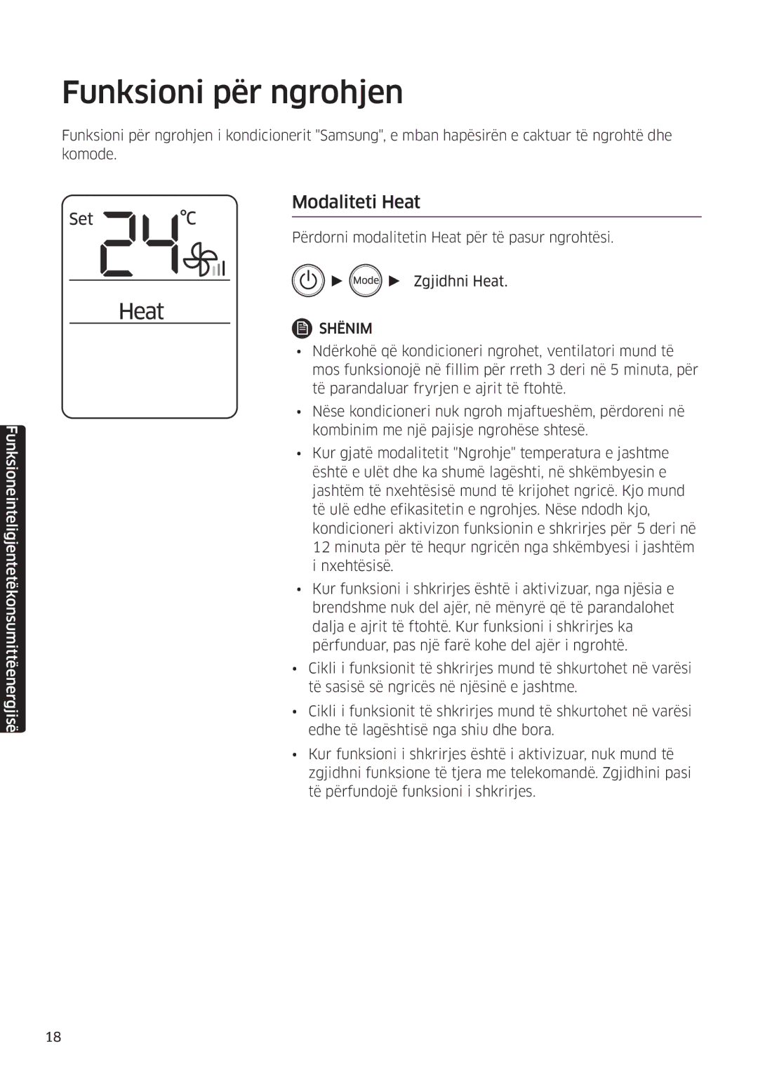 Samsung AR12MSFHBWKNEU, AR09MSFHBWKNEU, AR18MSFHBWKNEU manual Funksioni për ngrohjen, Modaliteti Heat 