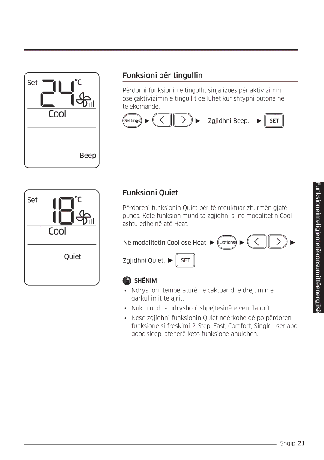 Samsung AR12MSFHBWKNEU, AR09MSFHBWKNEU, AR18MSFHBWKNEU manual Funksioni për tingullin, Funksioni Quiet 