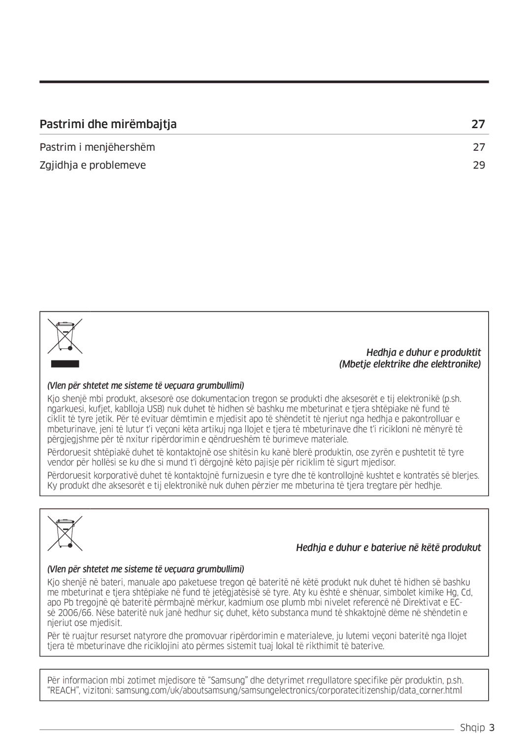 Samsung AR12MSFHBWKNEU, AR09MSFHBWKNEU, AR18MSFHBWKNEU manual Pastrimi dhe mirëmbajtja 