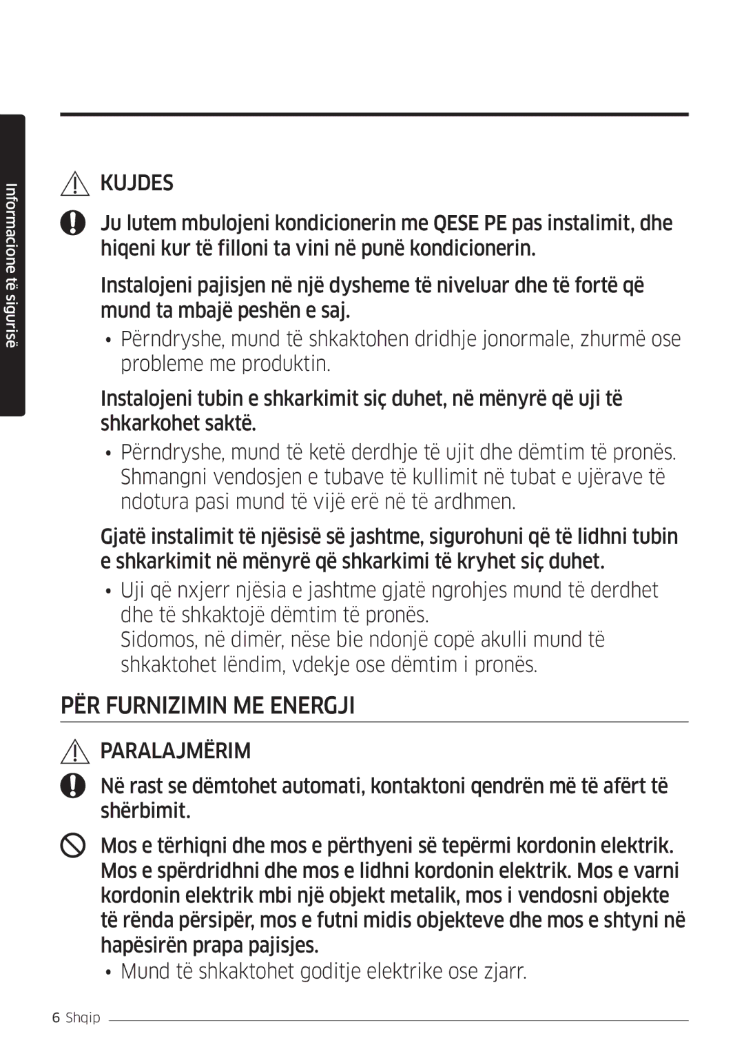 Samsung AR12MSFHBWKNEU, AR09MSFHBWKNEU, AR18MSFHBWKNEU manual PËR Furnizimin ME Energji 