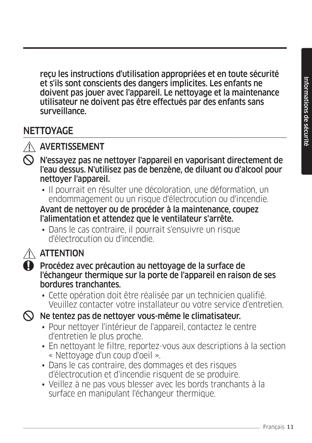 Samsung AR09MSFHBWKNEU, AR12MSFHBWKNEU manual Nettoyage 