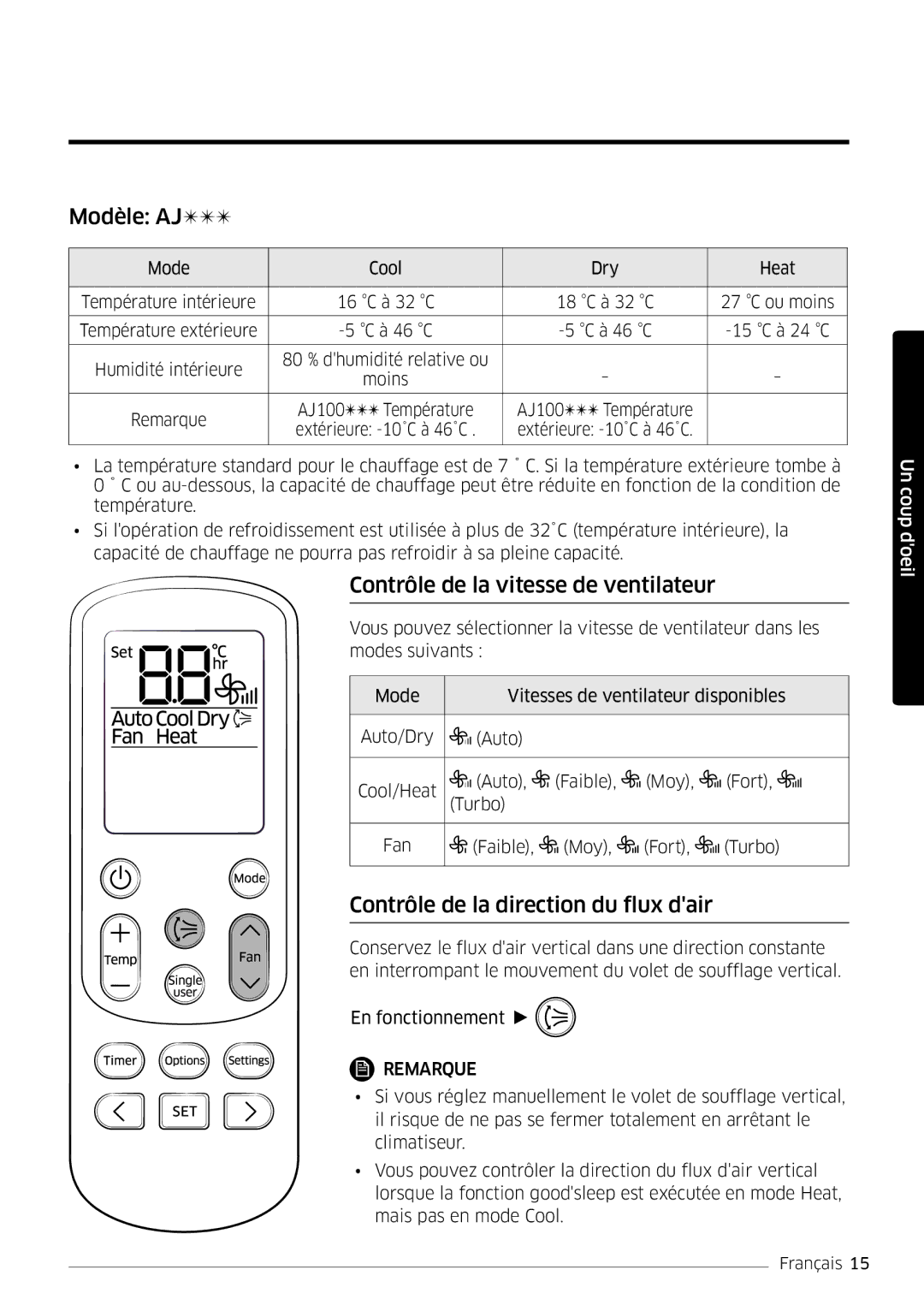 Samsung AR09MSFHBWKNEU manual Modèle AJ, Contrôle de la vitesse de ventilateur, Contrôle de la direction du flux dair 