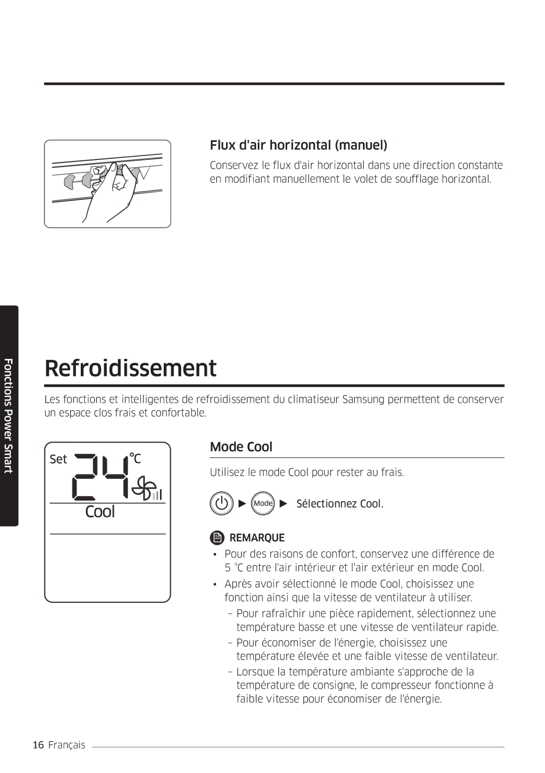 Samsung AR12MSFHBWKNEU, AR09MSFHBWKNEU manual Refroidissement, Flux dair horizontal manuel, Mode Cool 