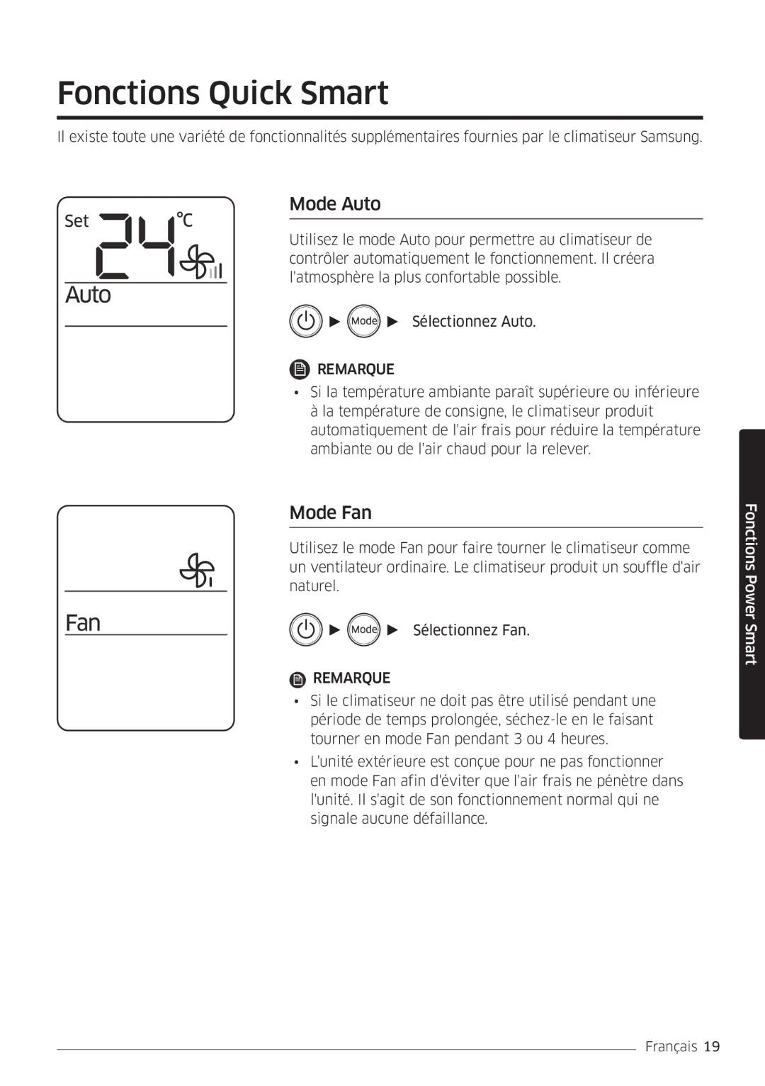 Samsung AR09MSFHBWKNEU, AR12MSFHBWKNEU manual Fonctions Quick Smart, Mode Auto, Mode Fan 