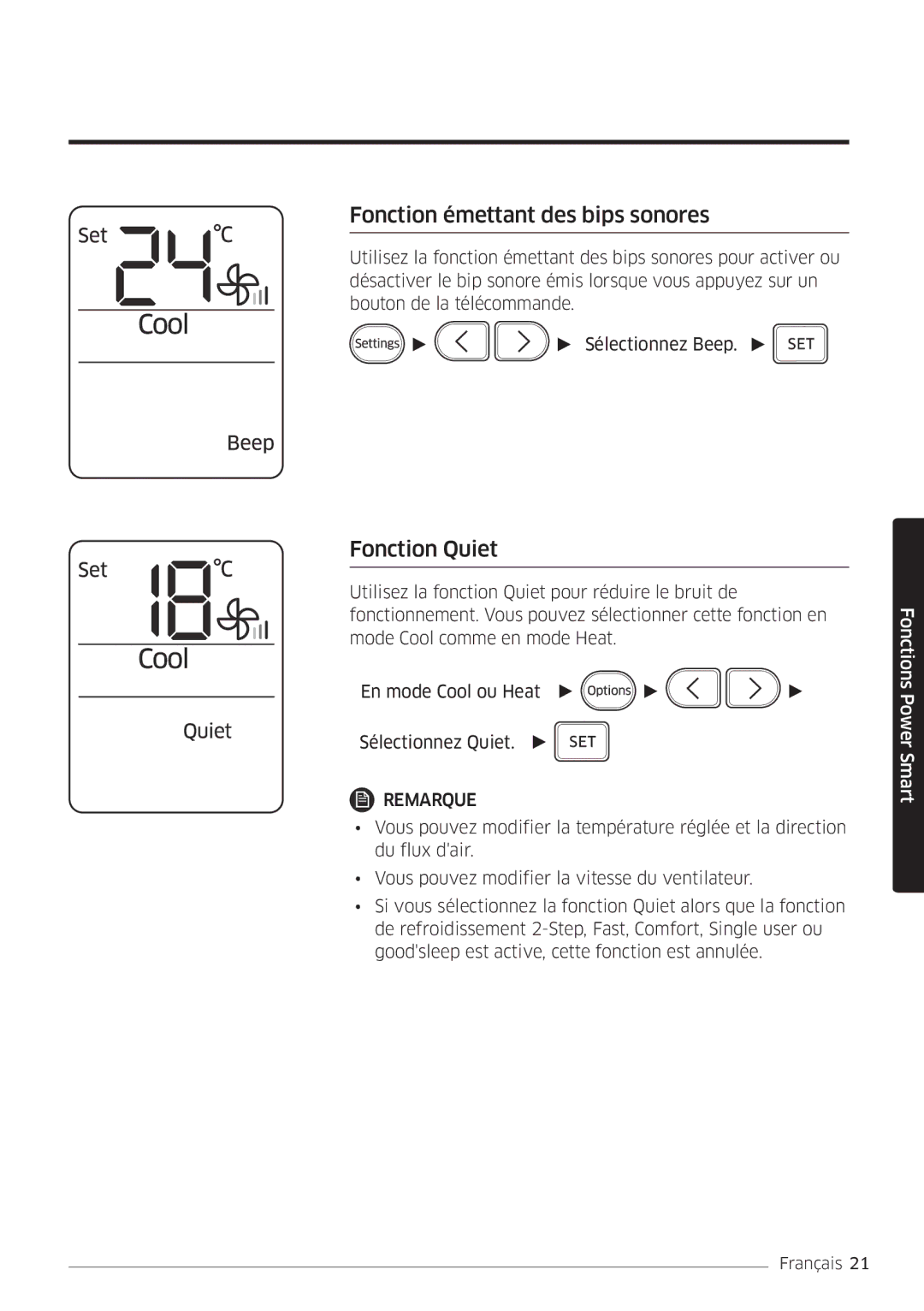 Samsung AR09MSFHBWKNEU, AR12MSFHBWKNEU manual Fonction émettant des bips sonores, Fonction Quiet 