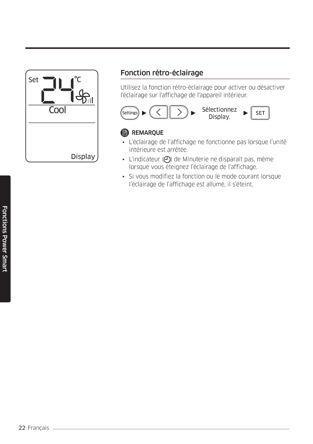 Samsung AR12MSFHBWKNEU, AR09MSFHBWKNEU manual Fonction rétro-éclairage 