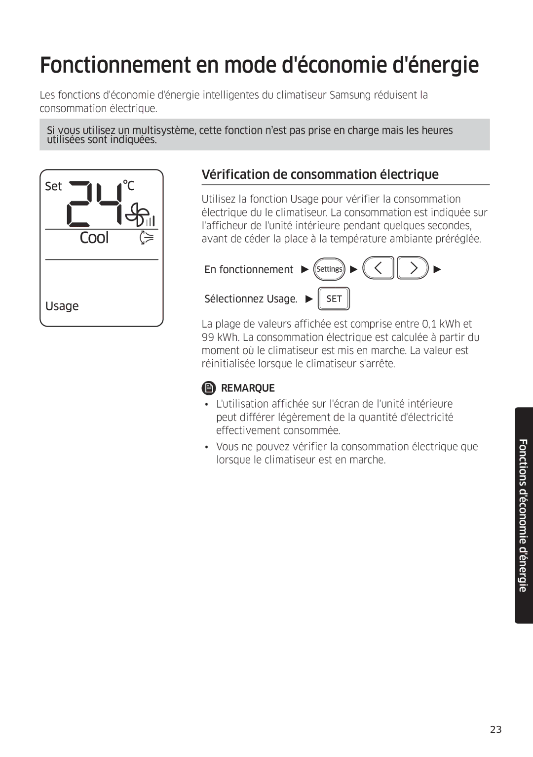 Samsung AR09MSFHBWKNEU, AR12MSFHBWKNEU Fonctionnement en mode déconomie dénergie, Vérification de consommation électrique 