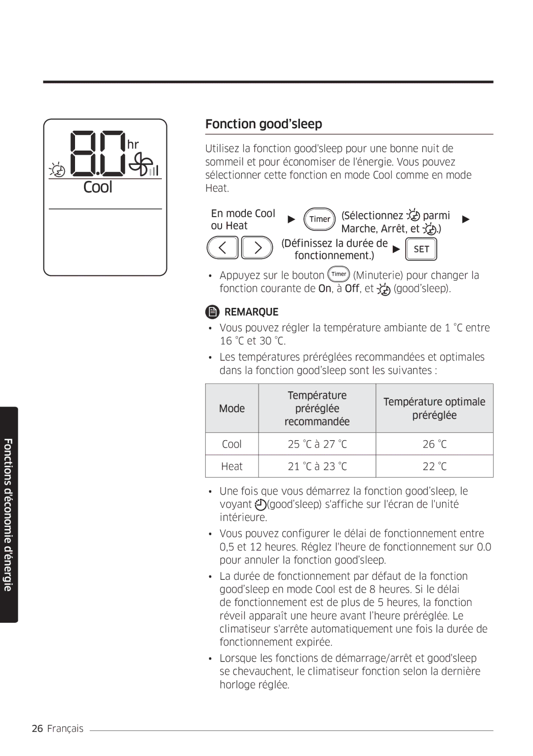 Samsung AR12MSFHBWKNEU, AR09MSFHBWKNEU manual Fonction good’sleep 