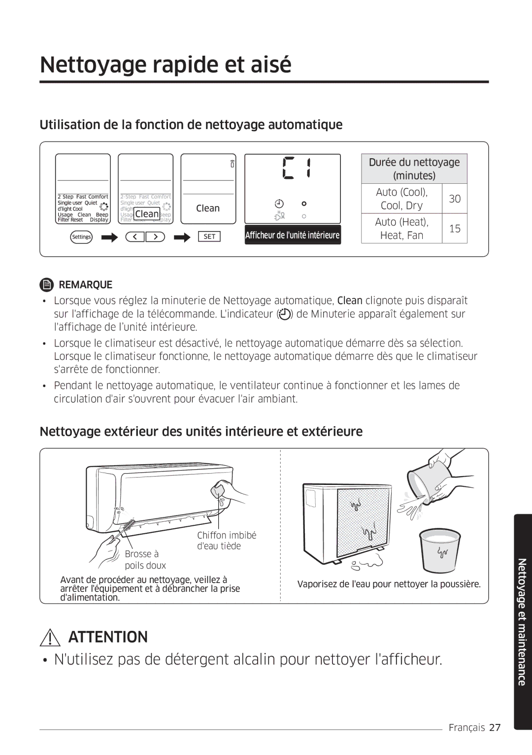 Samsung AR09MSFHBWKNEU, AR12MSFHBWKNEU manual Nettoyage rapide et aisé, Utilisation de la fonction de nettoyage automatique 