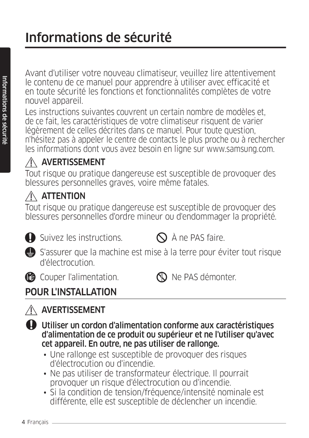 Samsung AR12MSFHBWKNEU, AR09MSFHBWKNEU manual Informations de sécurité, Avertissement 