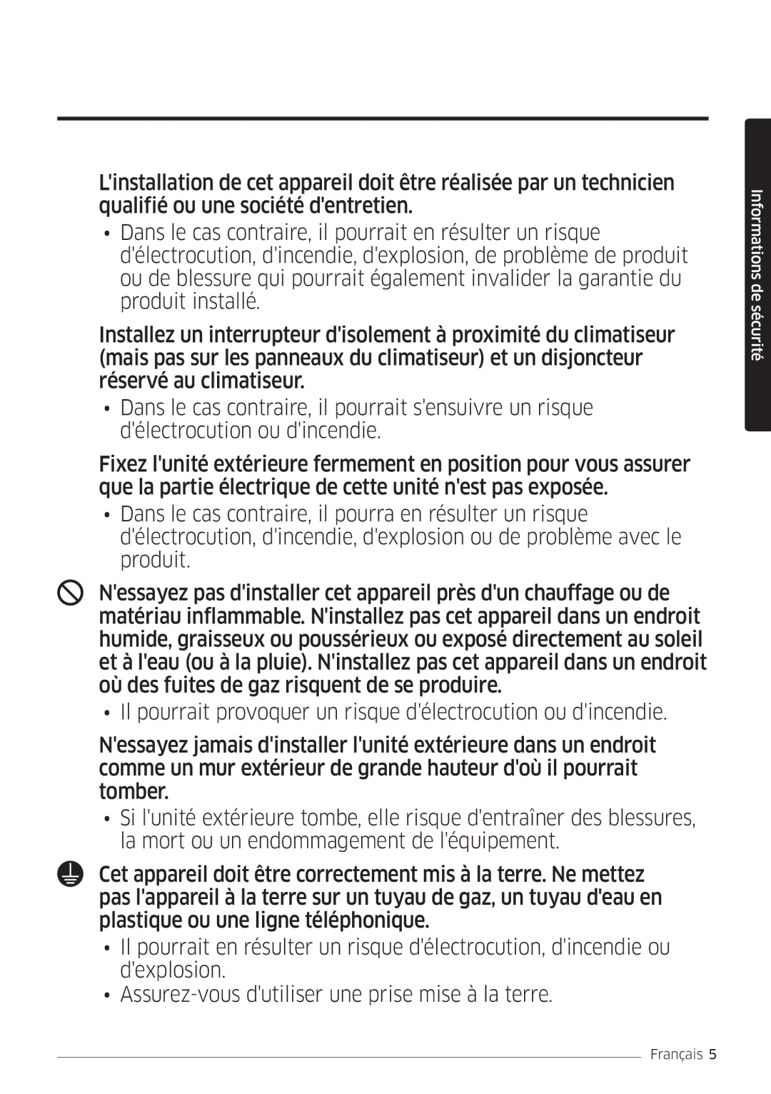 Samsung AR09MSFHBWKNEU, AR12MSFHBWKNEU manual Informations de sécurité 